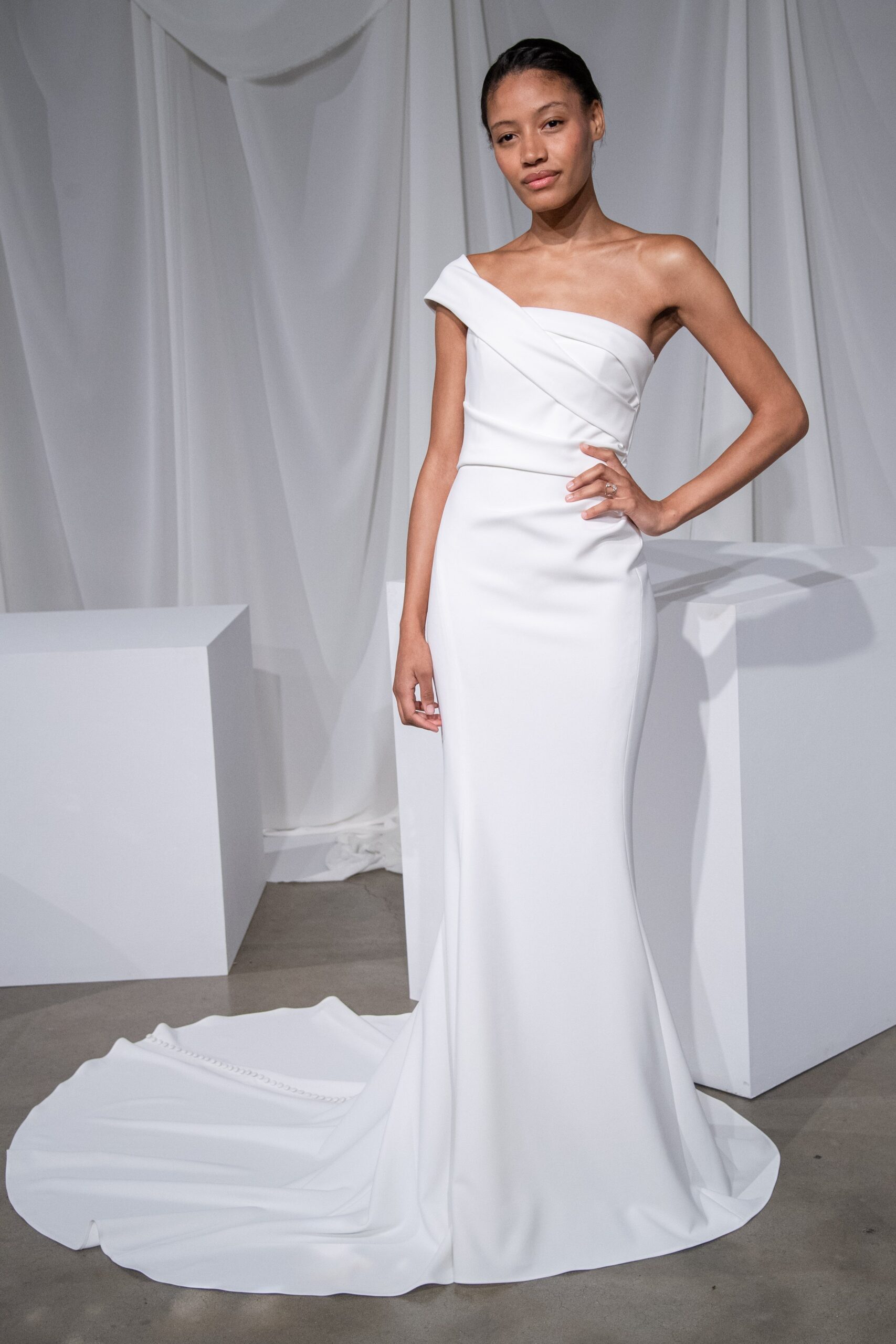 white silk off-shoulder gown