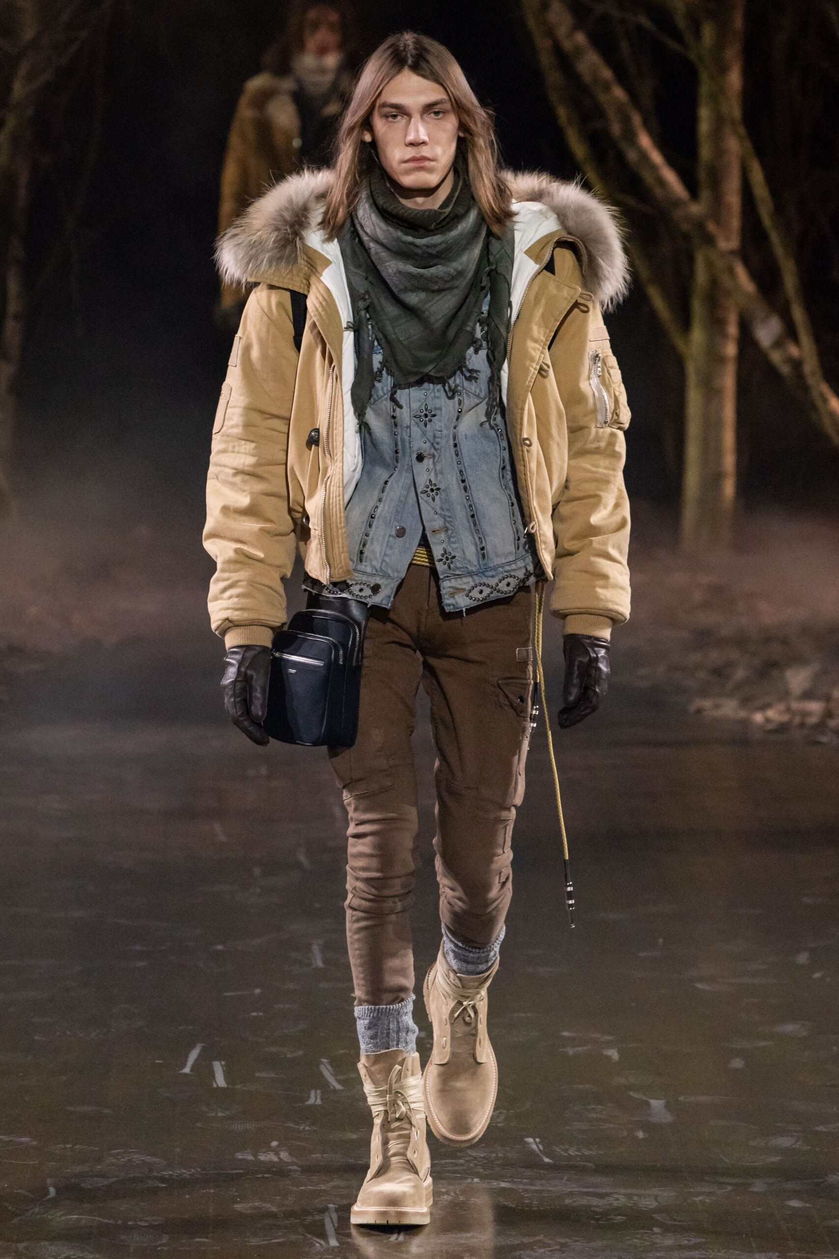 beige parka with denim shirt