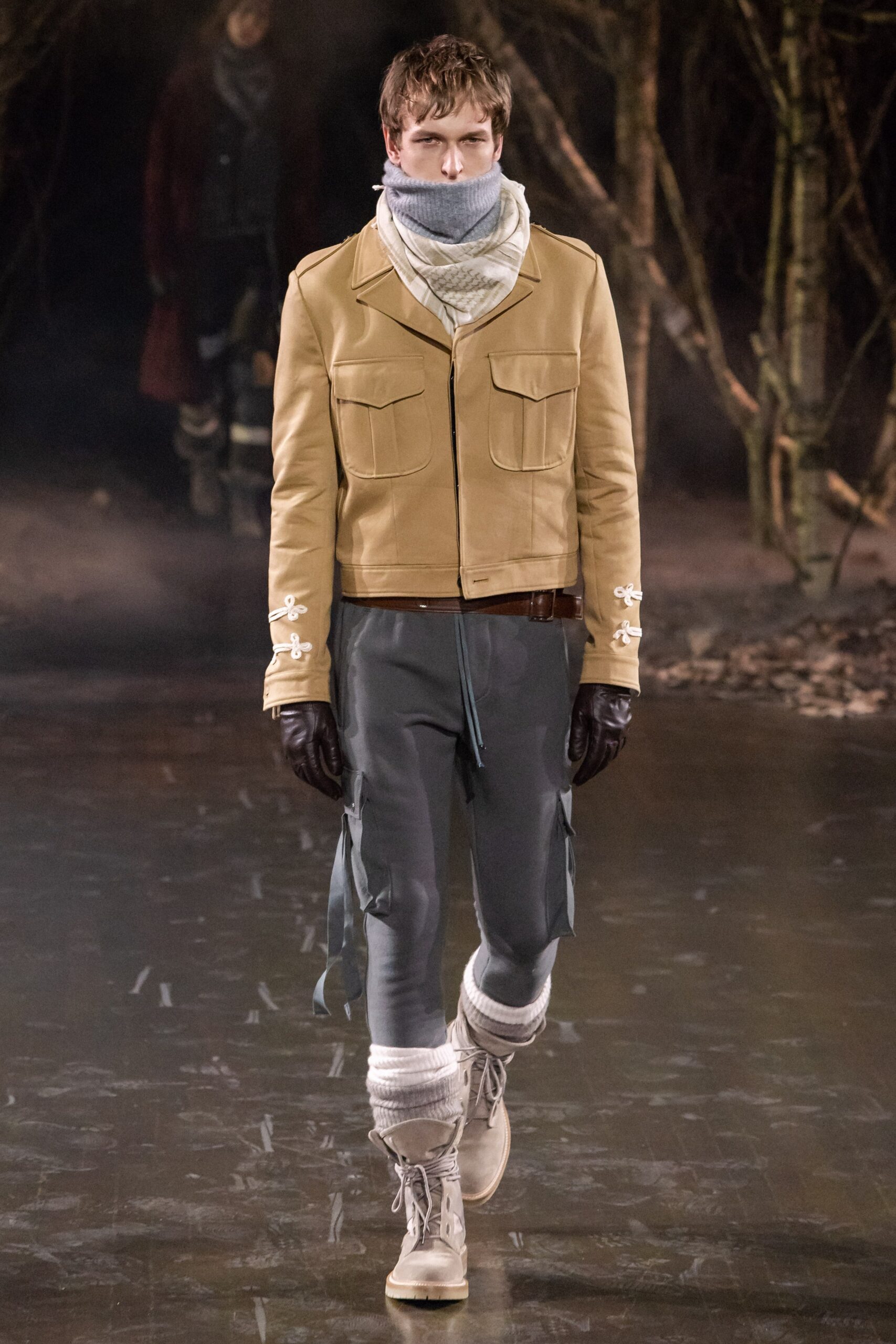 beige leather long-sleeve collared fitted buttoned jacket
