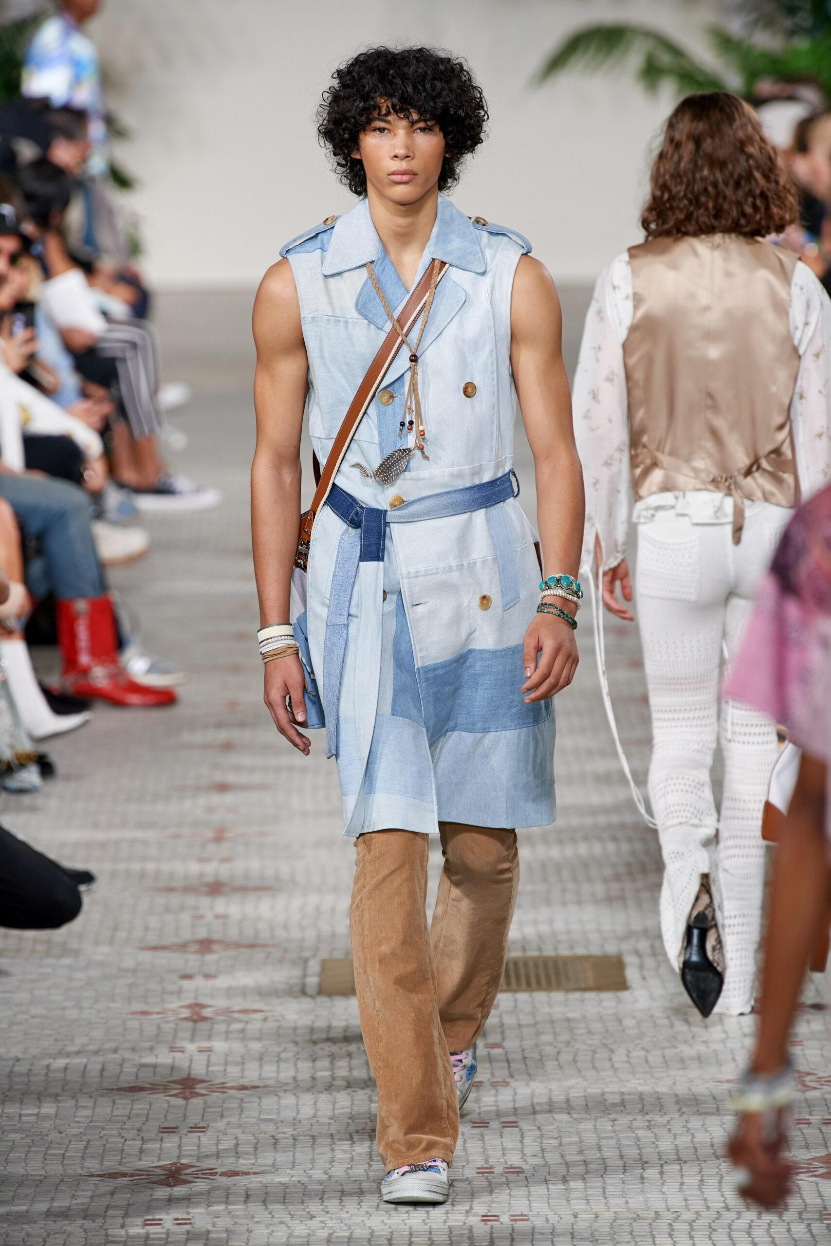 blue and white sleeveless coat