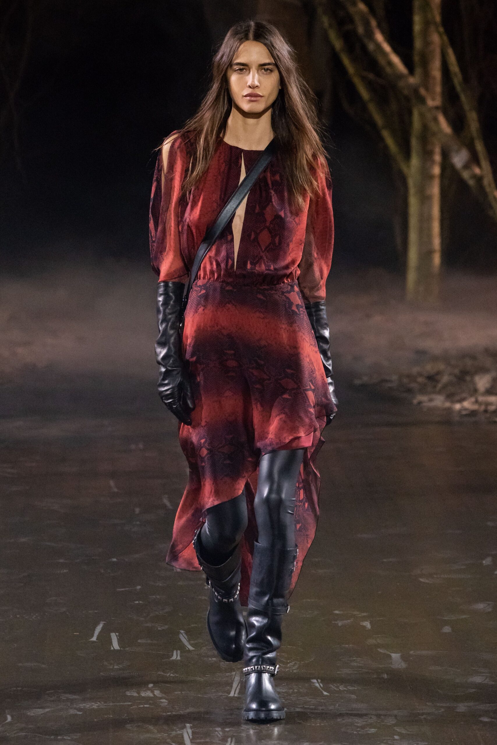 red silk long-sleeve v-neck fitted draped flowing dress