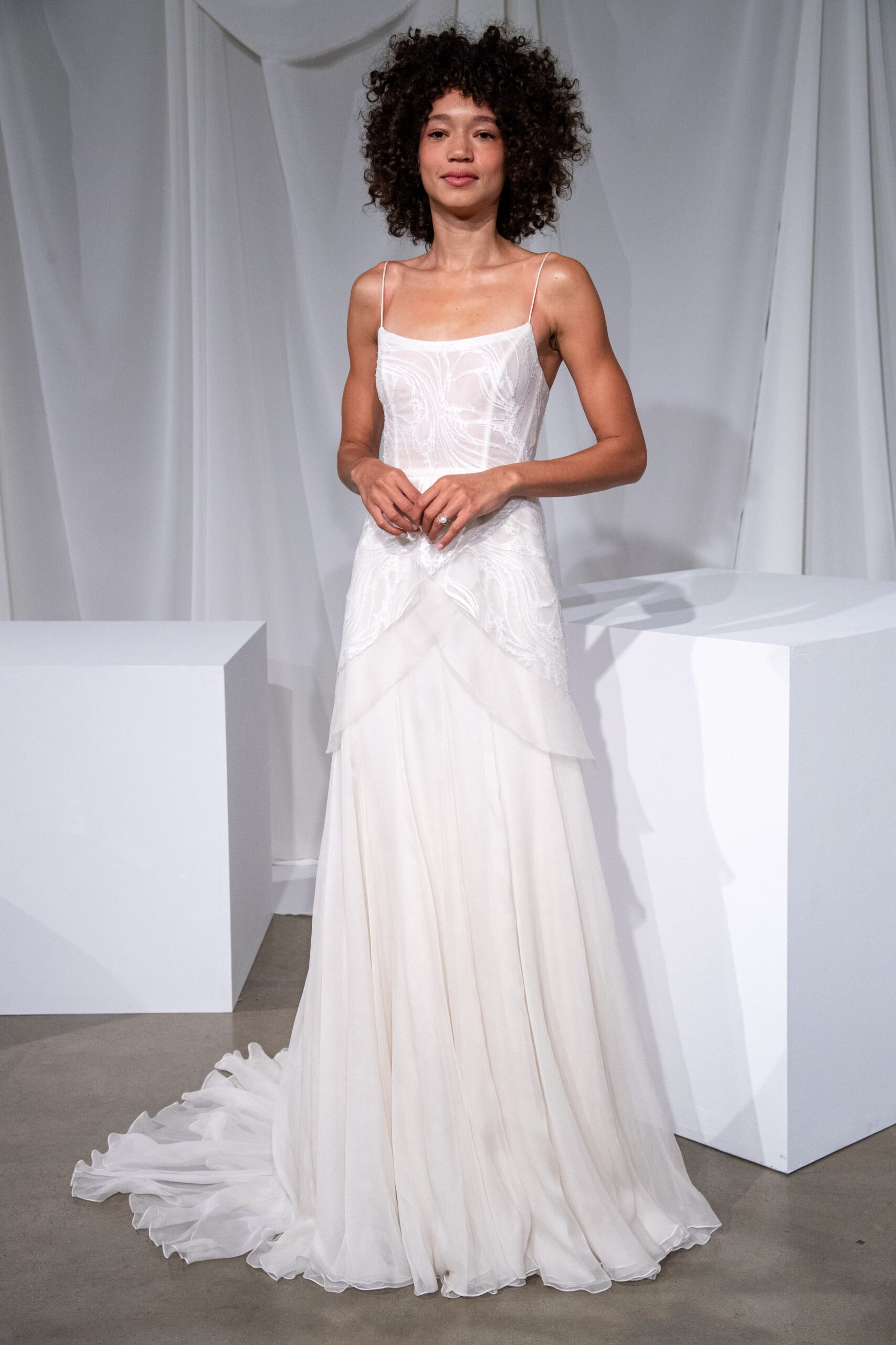 white silk sleeveless gown