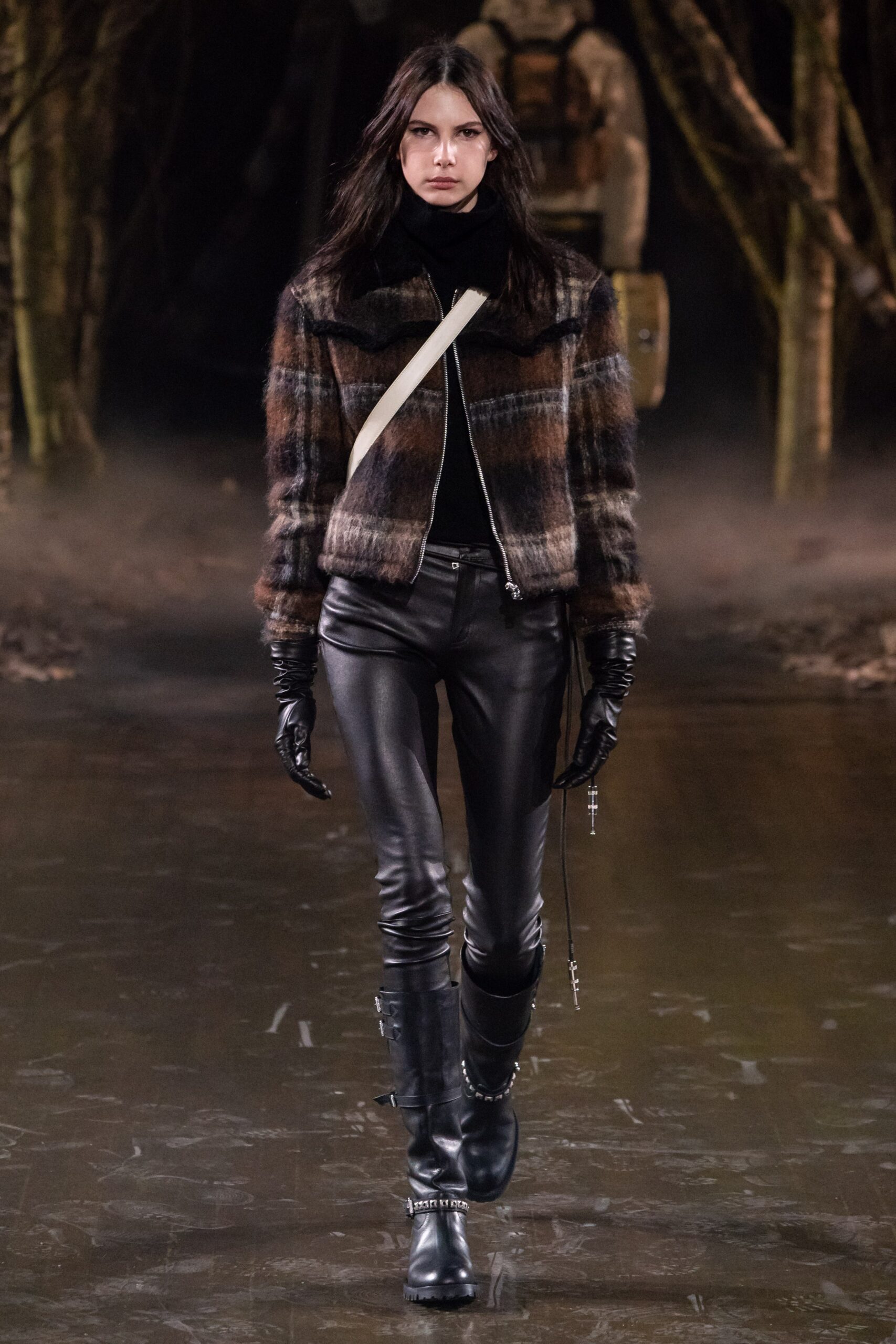 brown checked jacket with black leather pants