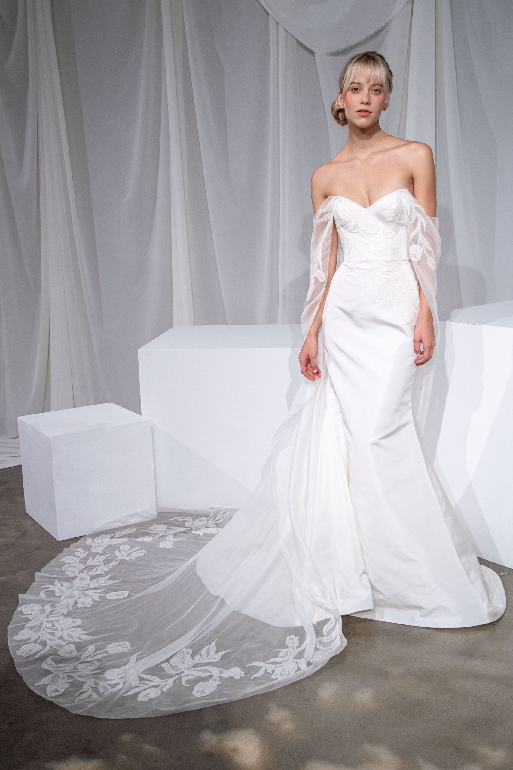 white silk strapless fitted embroidered sheer maxi gown