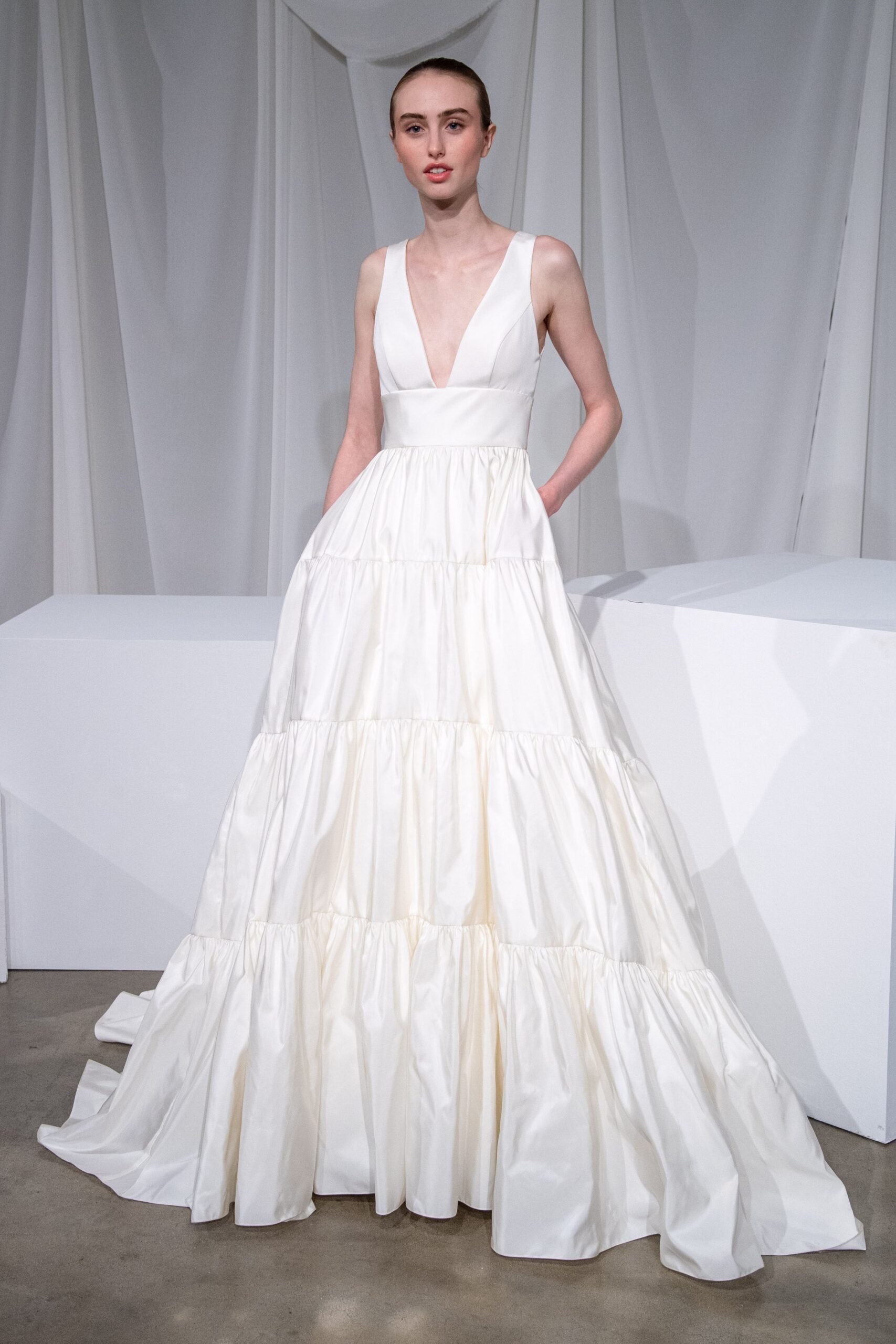 white silk sleeveless gown