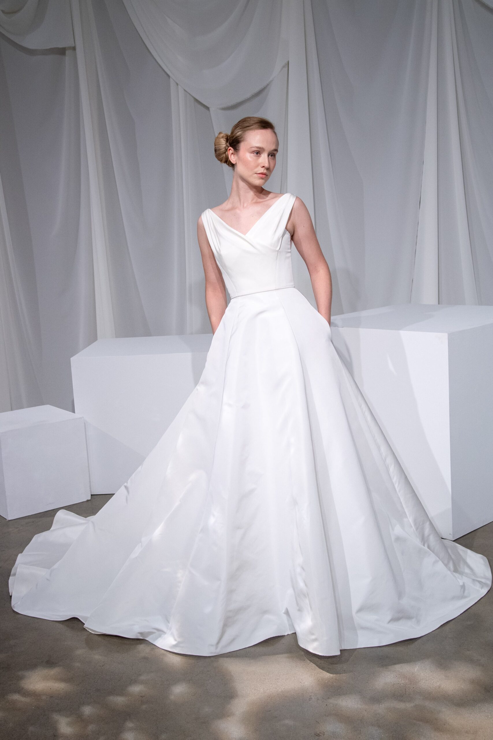 white silk sleeveless gown
