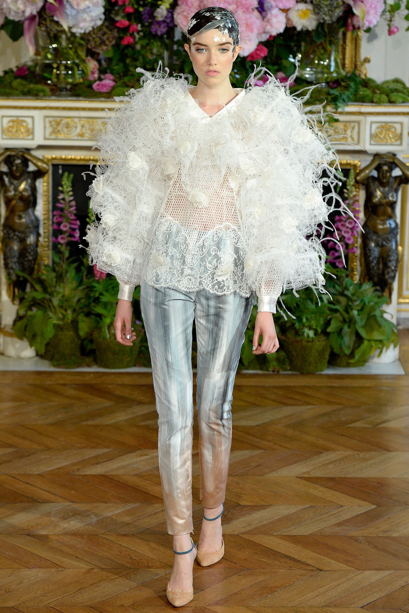 white ruffled top with silk pants