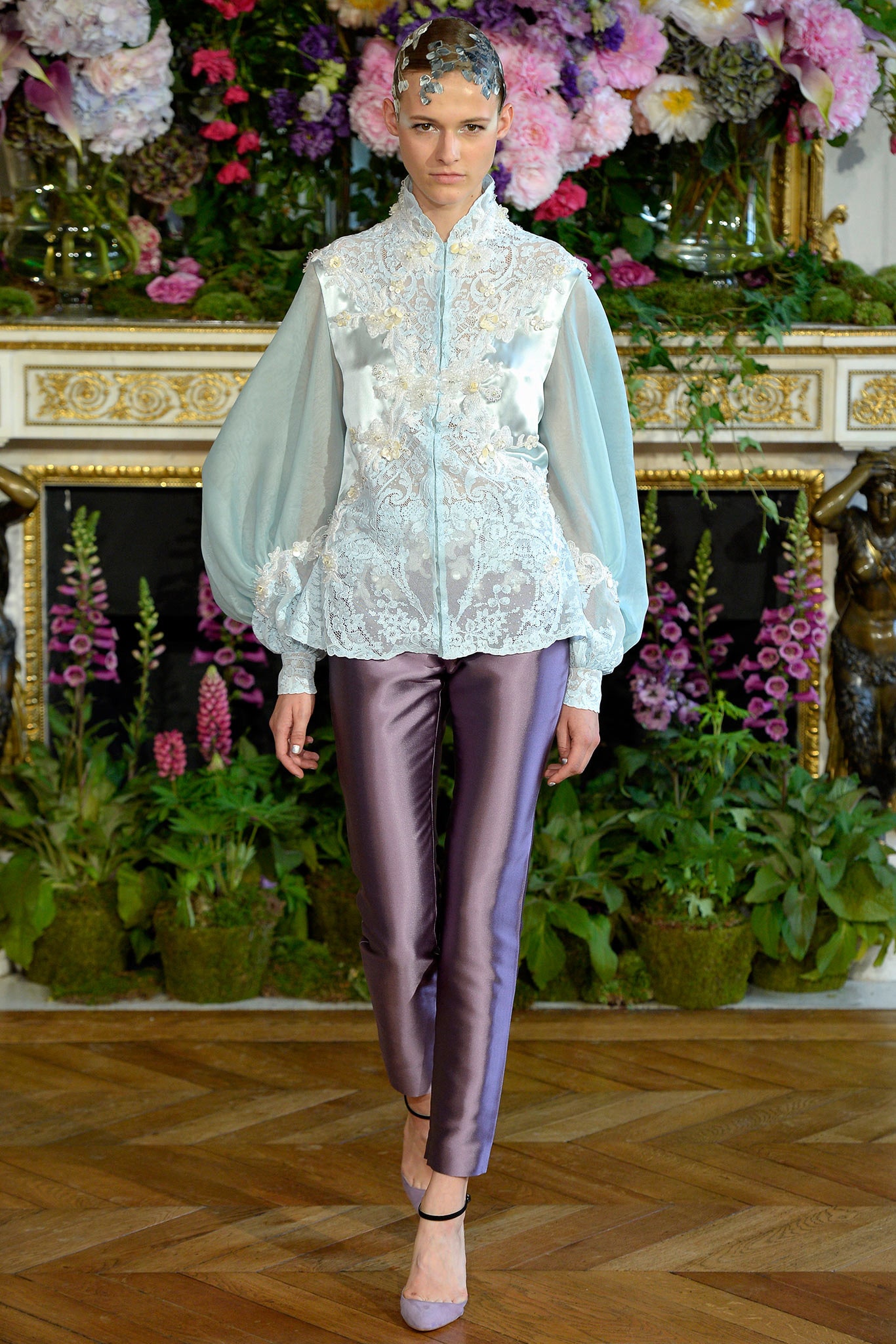 purple satin fitted straight-leg shiny pants