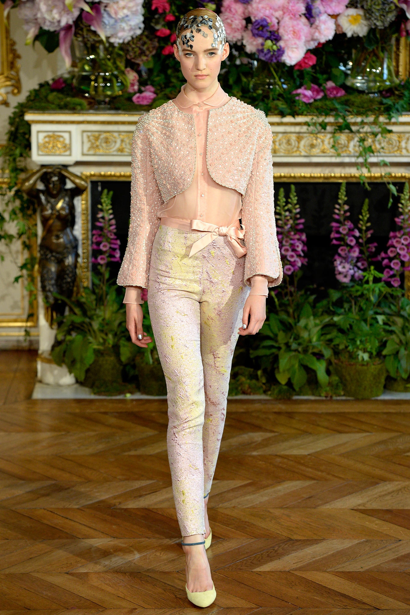 pink silk long-sleeve collared fitted beaded jacket
