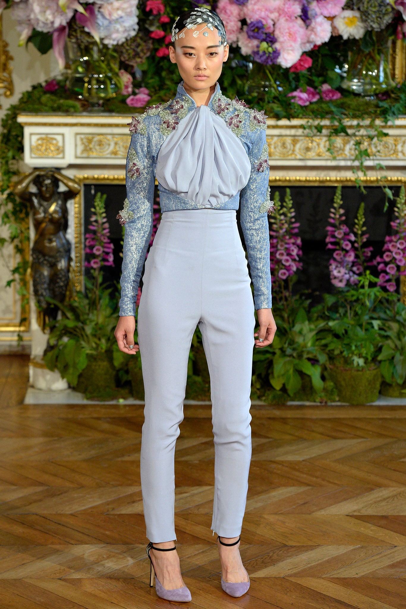 blue silk fitted jumpsuit