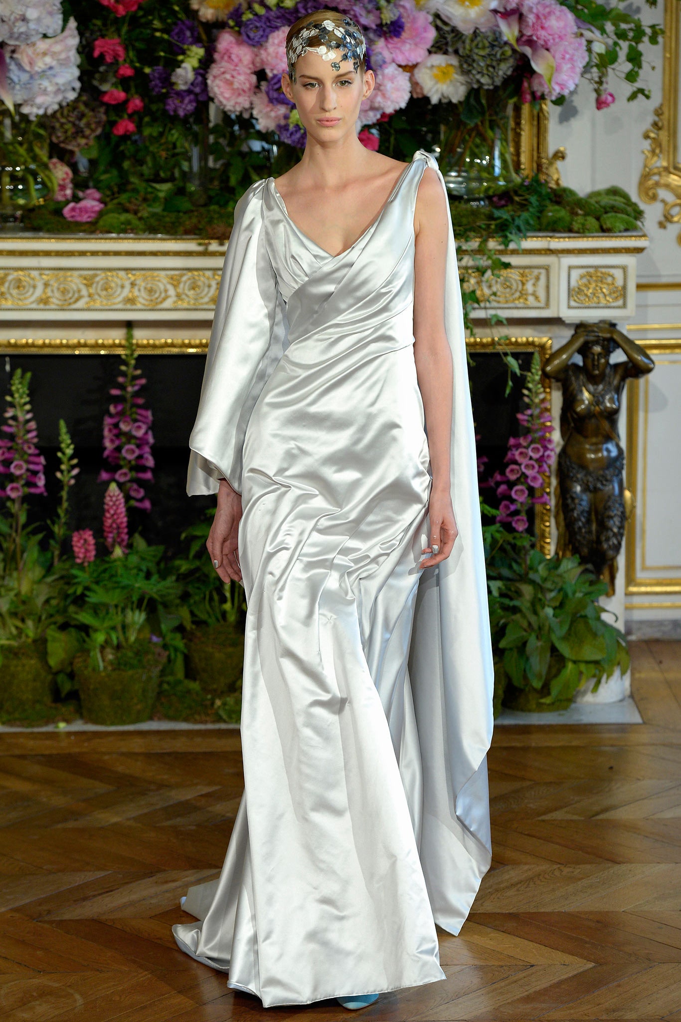 silver silk fitted gown