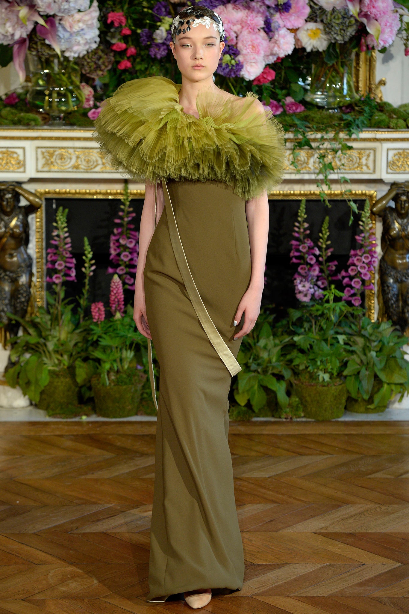 green silk sleeveless v-neck fitted draped maxi gown