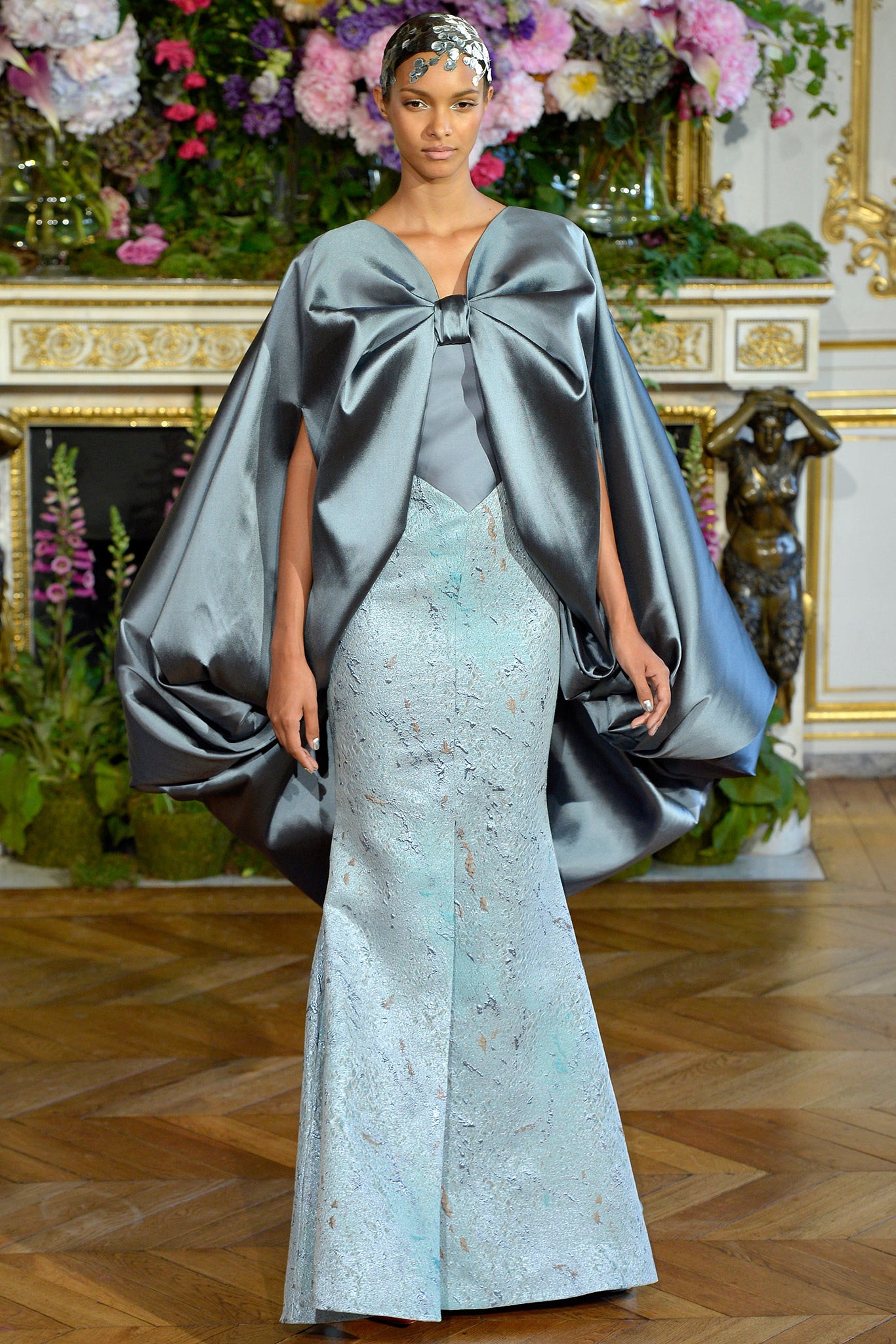 gray silk structured draped cape