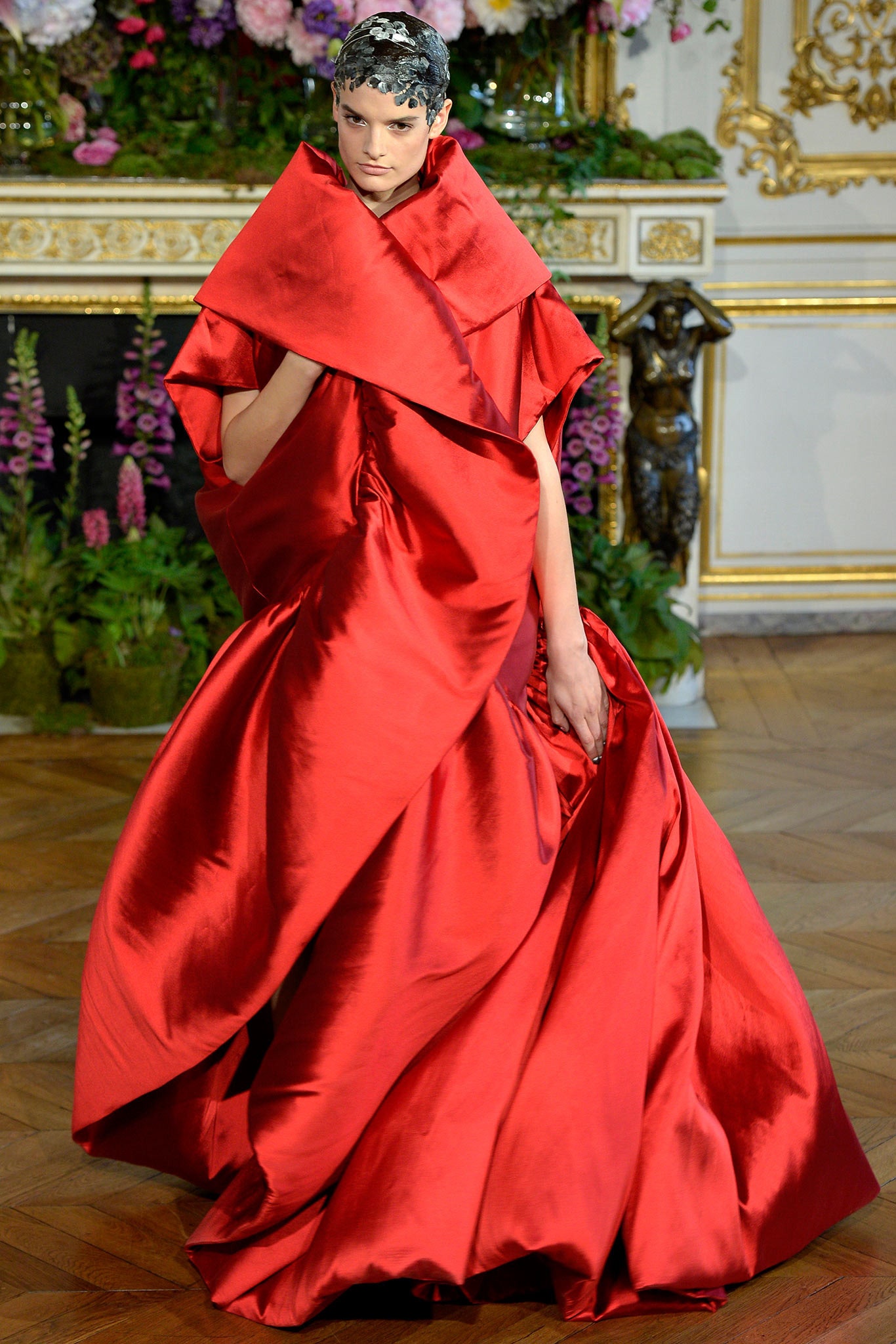 red silk sleeveless gown