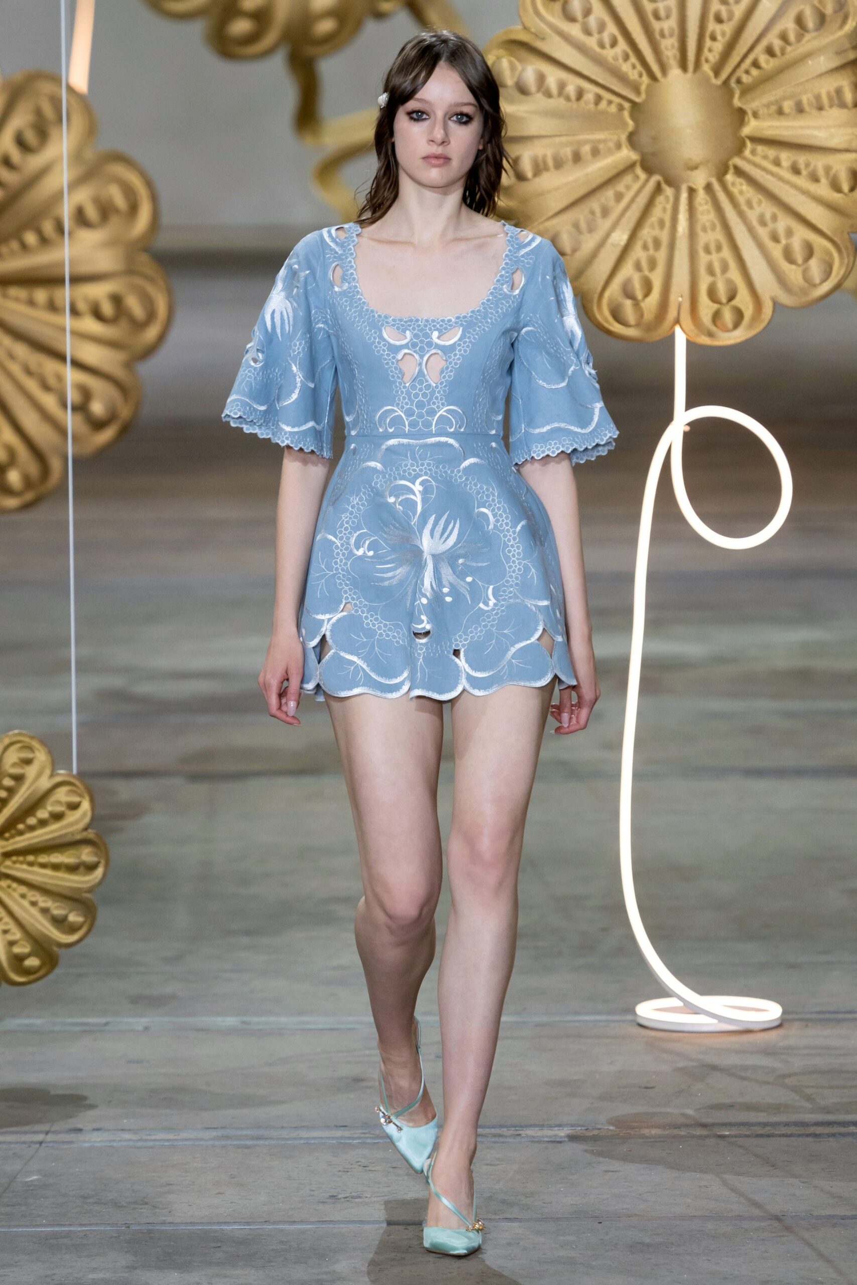 blue embroidered fitted romper