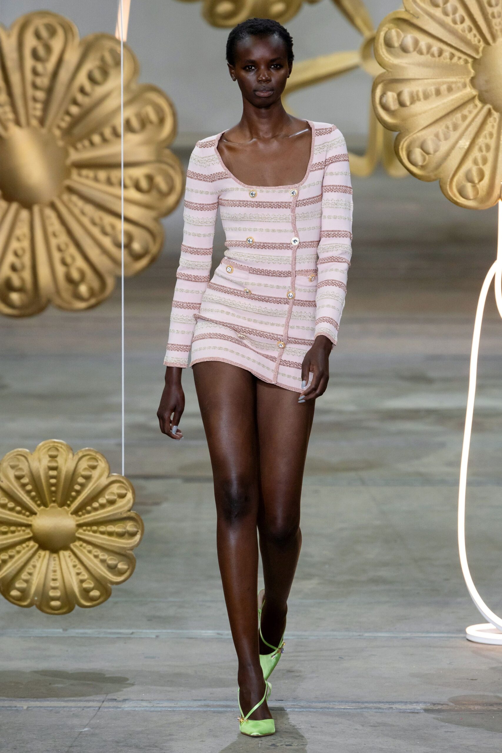 pink cotton long-sleeve square-neck fitted striped buttoned dress