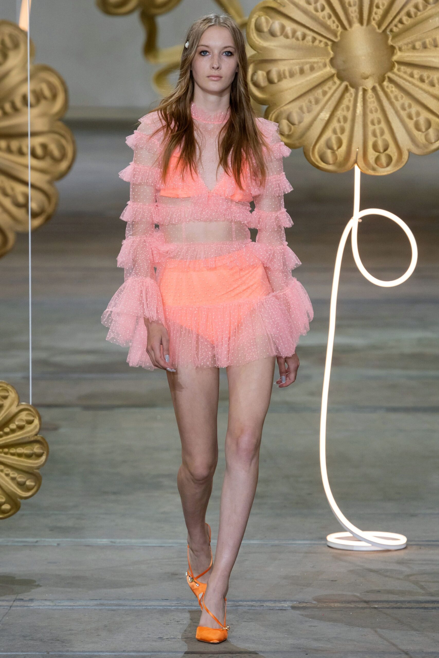 pink tulle sleeveless high-neck fitted ruffled sheer crop-top