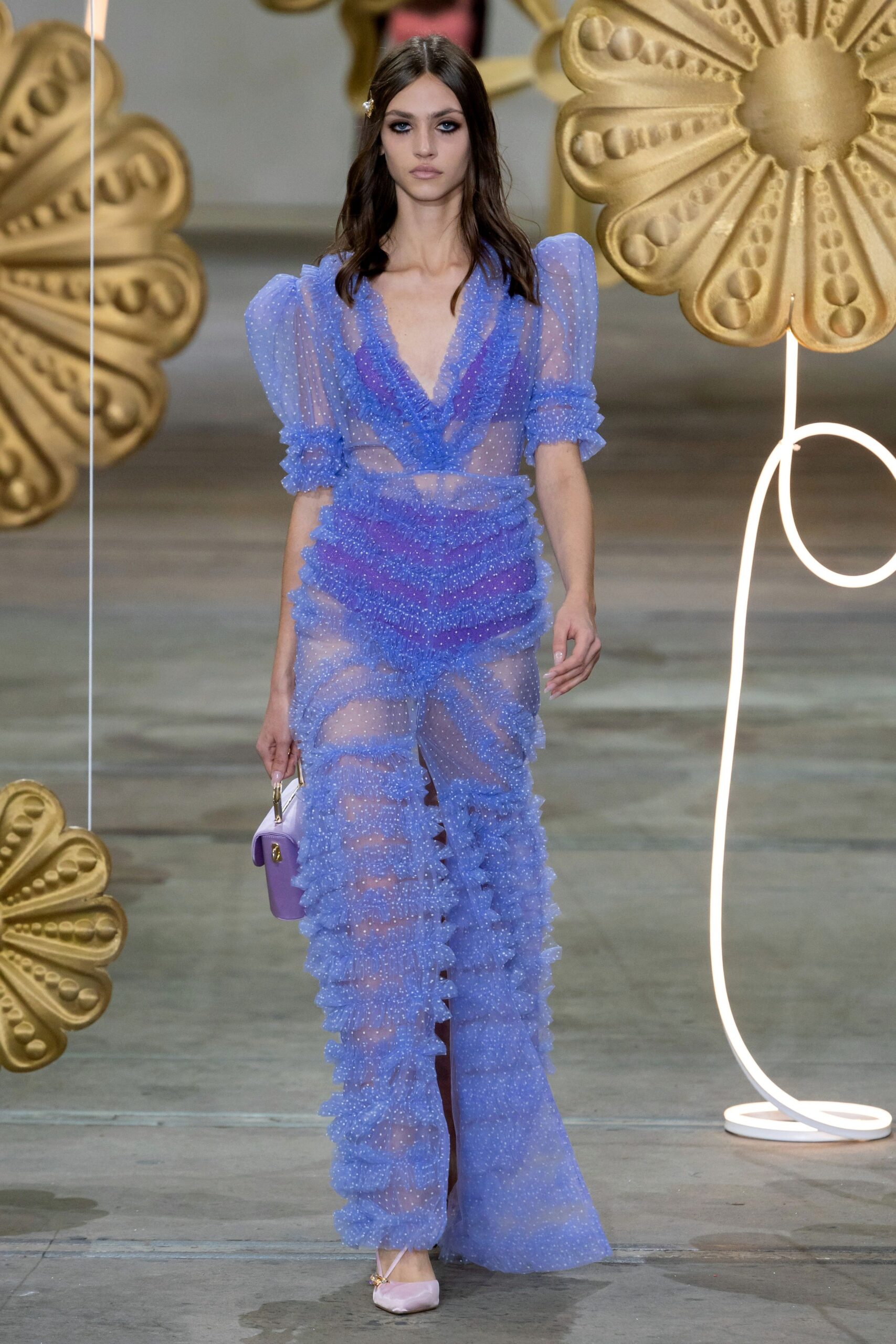 blue sheer ruffled midi dress