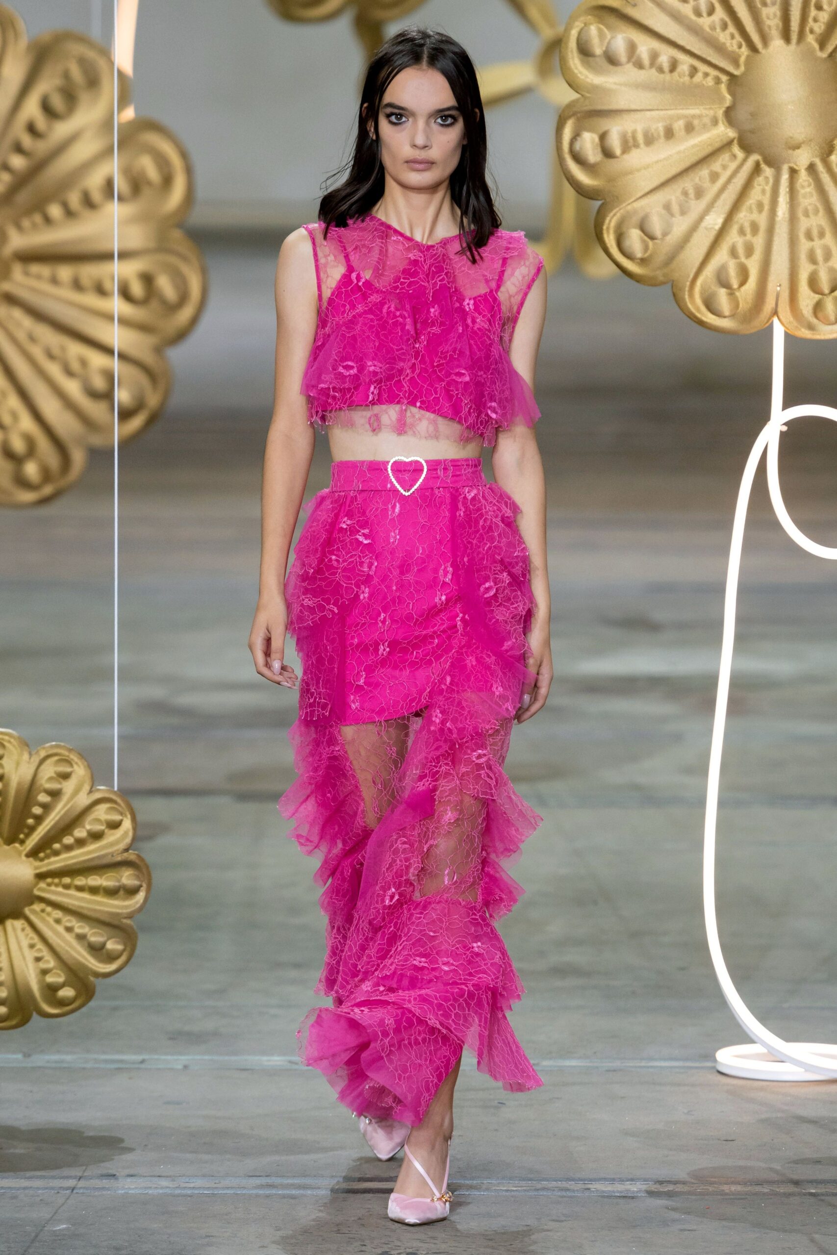pink lace sleeveless high-neck fitted ruffled cropped crop-top