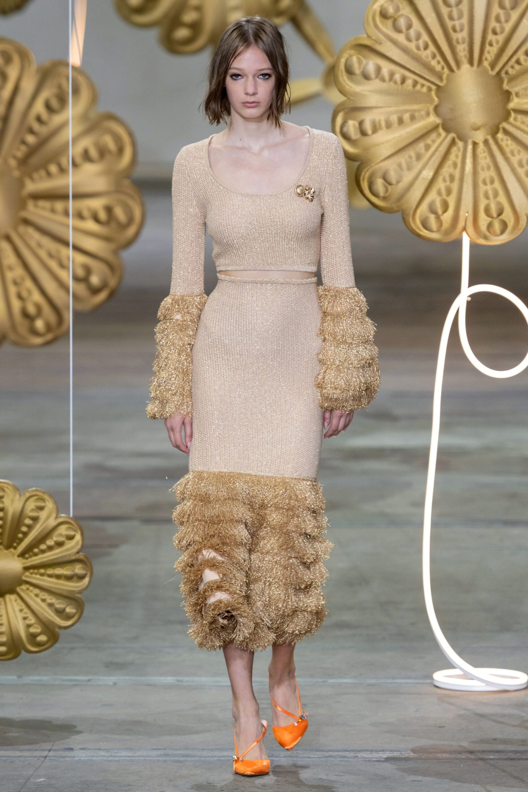 beige gold ruffled midi dress