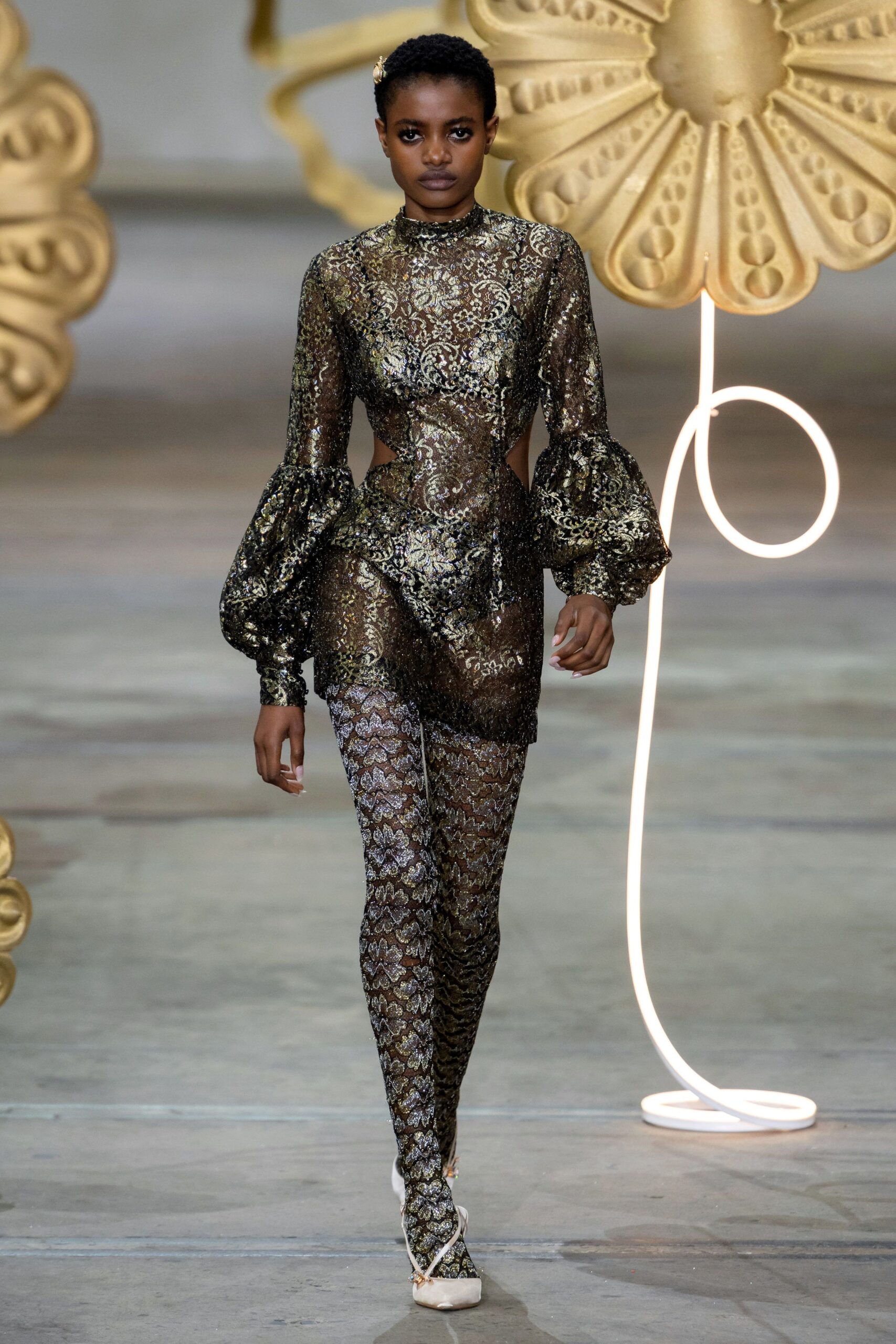 gold lace long-sleeve high-neck fitted ruffled embellished dress