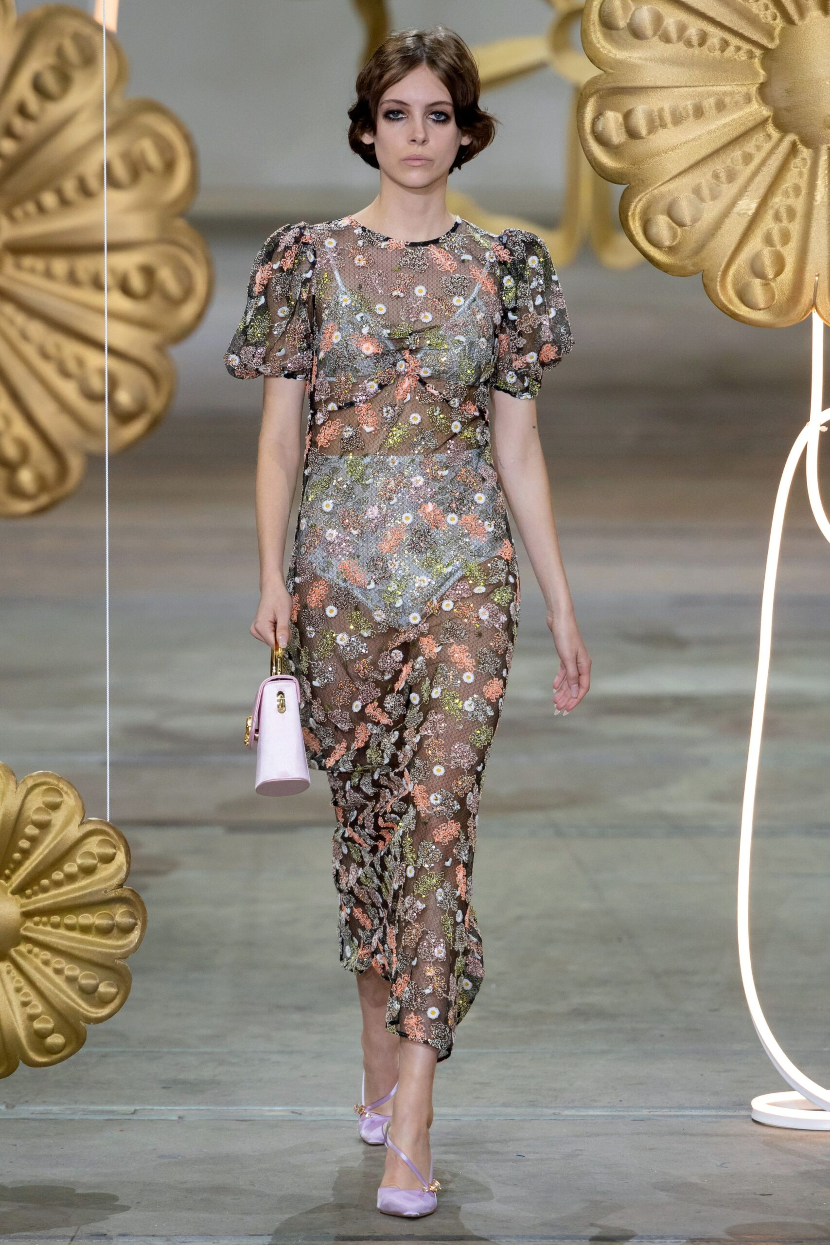 multi silk short-sleeve v-neck fitted embroidered tiered dress