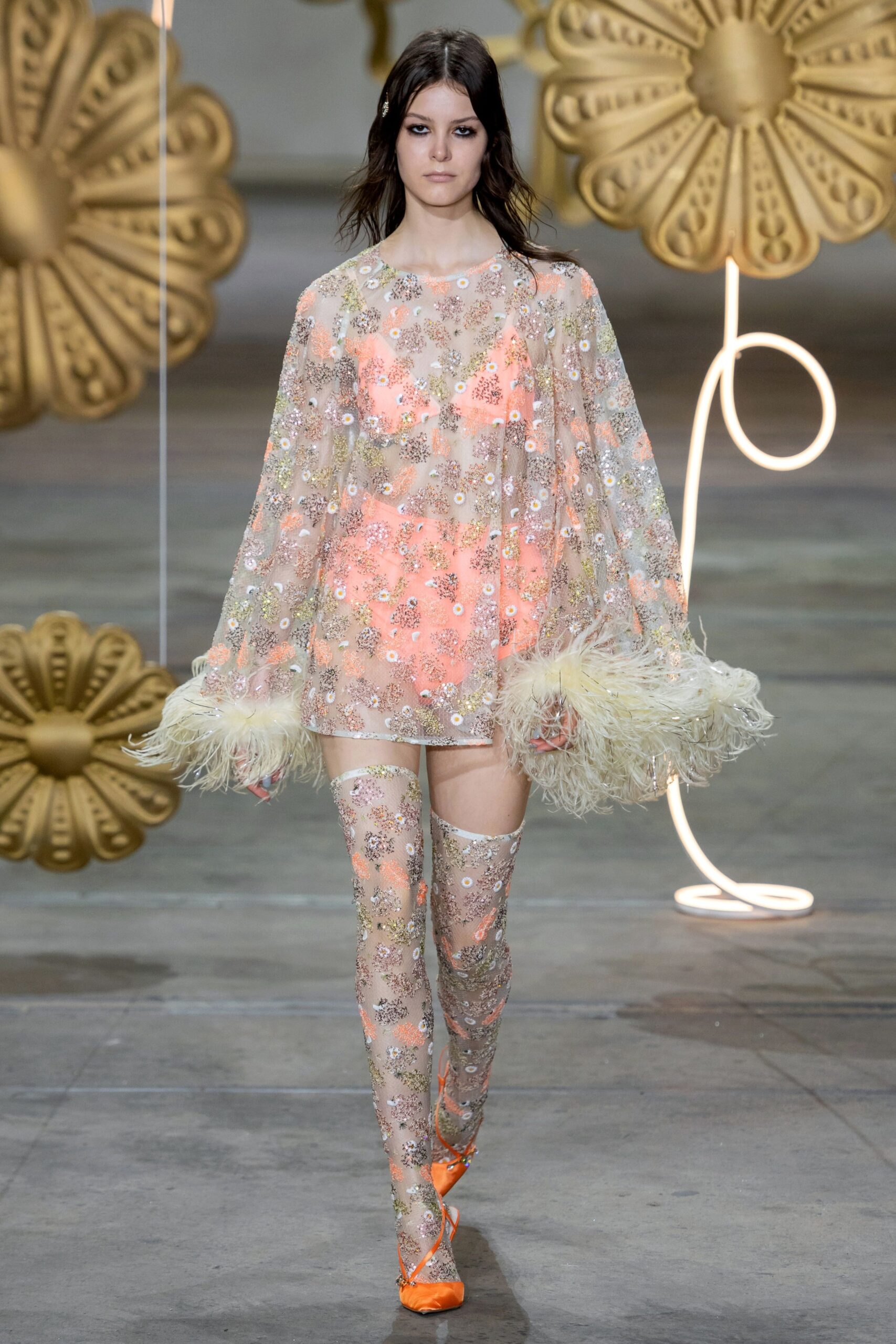 pink silk long-sleeve high-neck fitted embroidered ruffled dress