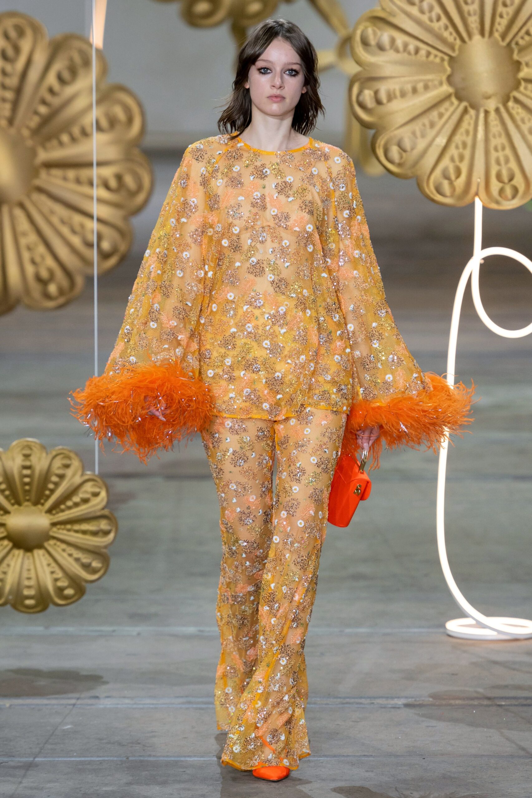 orange silk long-sleeve high-neck relaxed embroidered ruffled top