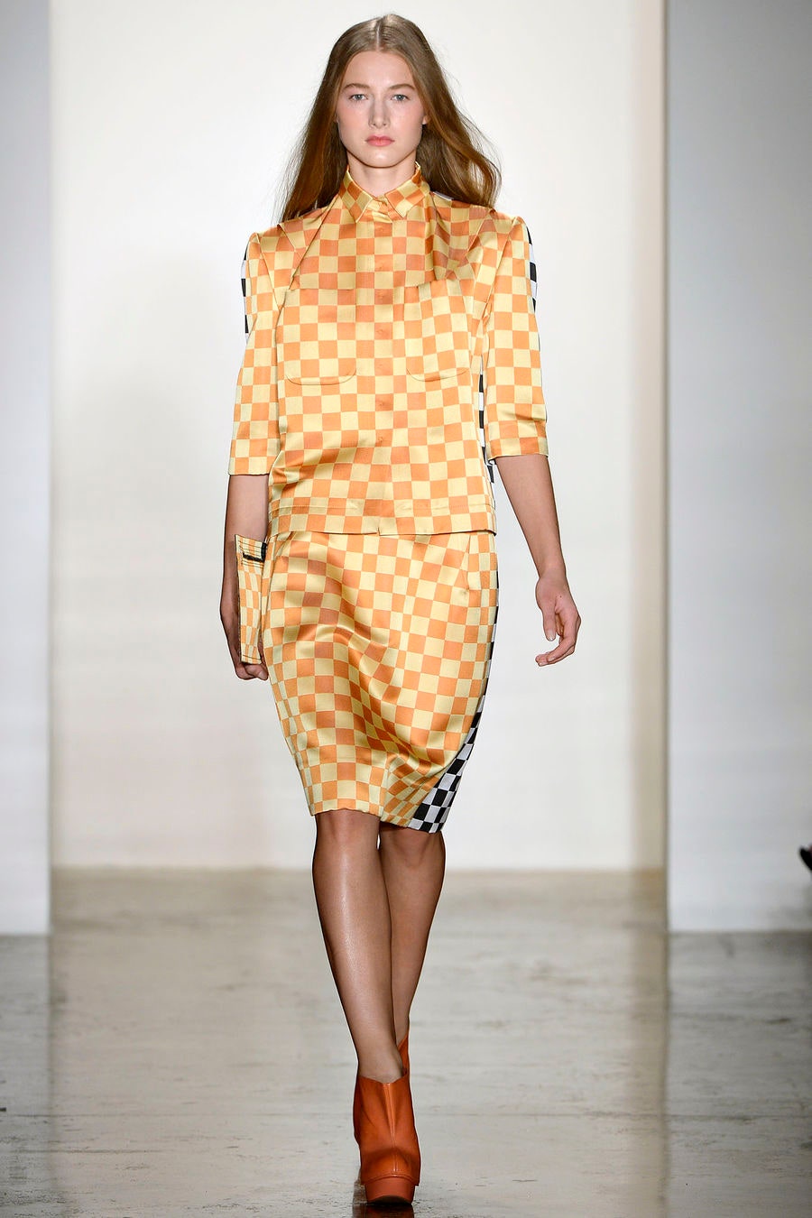 orange cotton short-sleeve high-neck fitted checked midi dress