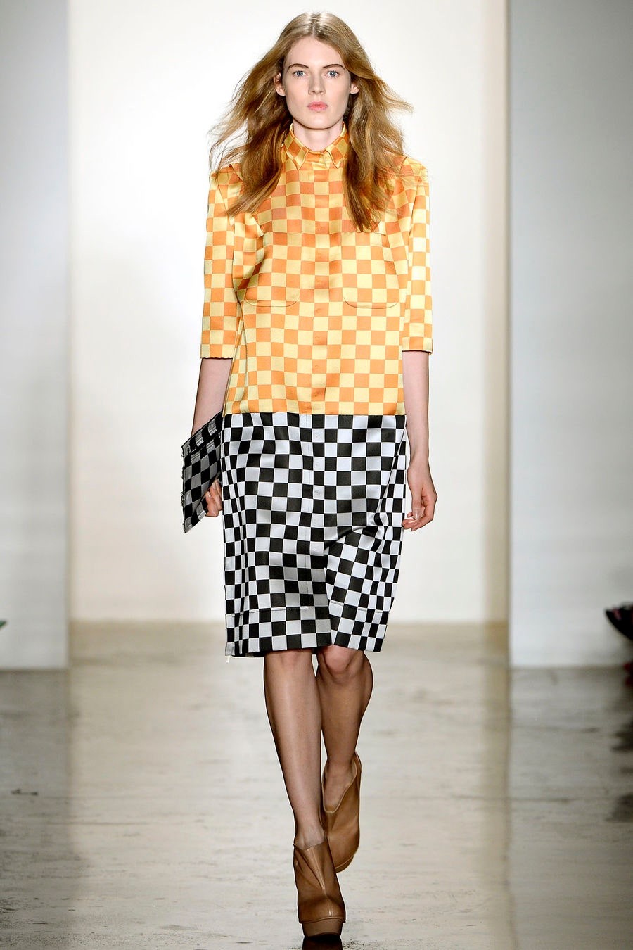 orange and black checked midi dress