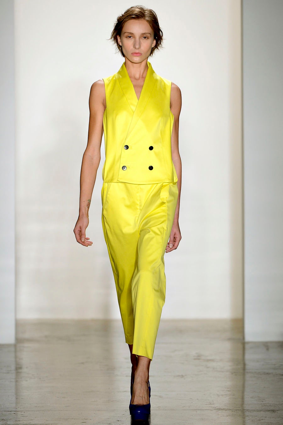 fitted yellow silk suit