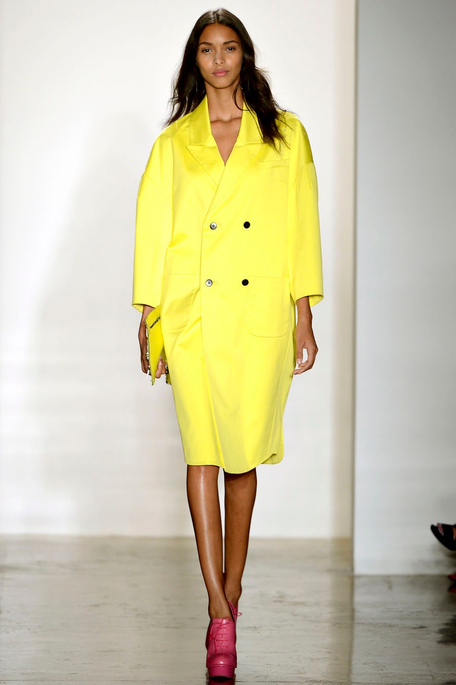 yellow long-sleeve collared oversized pockets midi coat