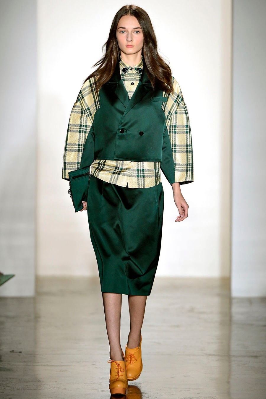 green blazer with checked shirt