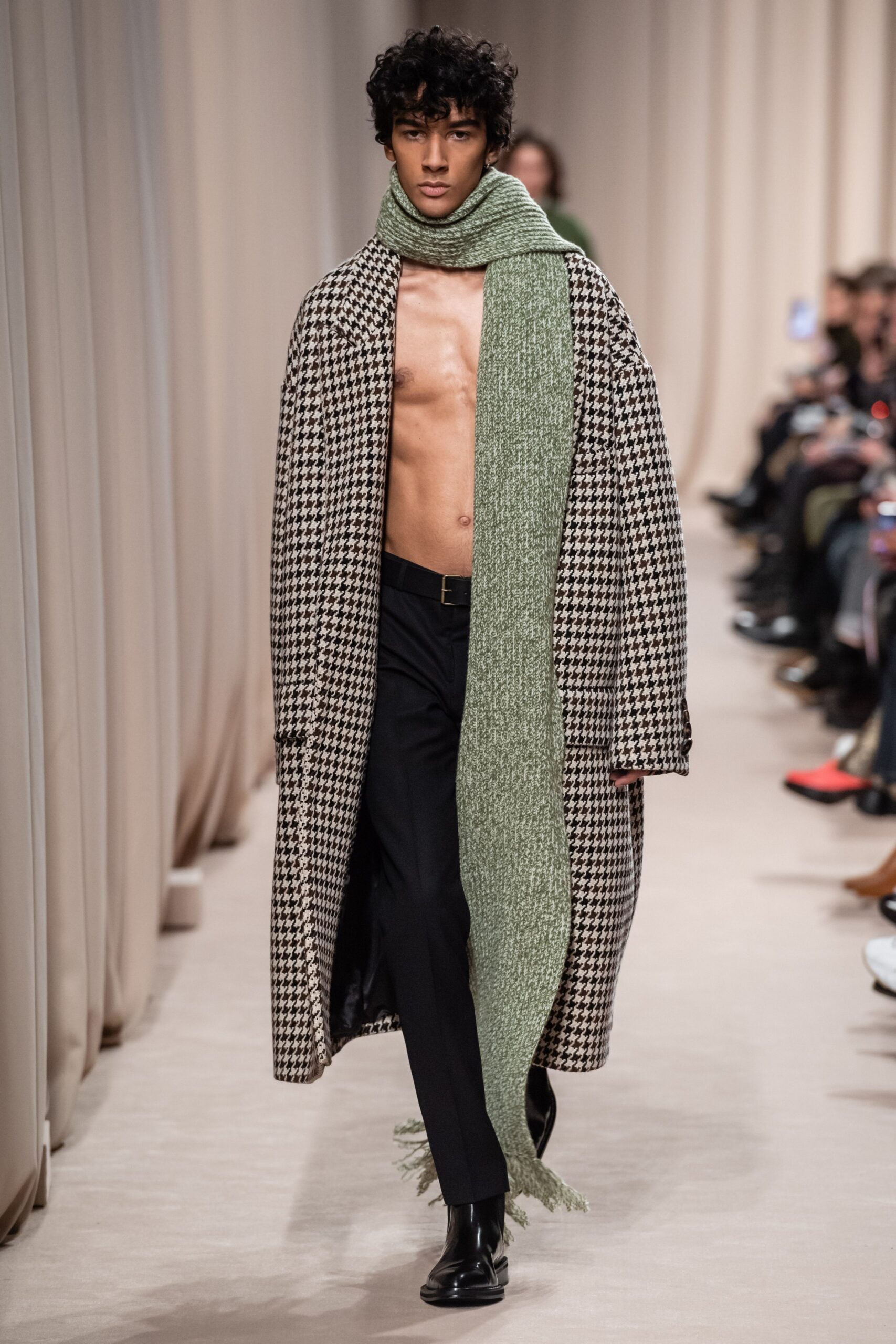 checked wool coat with green scarf