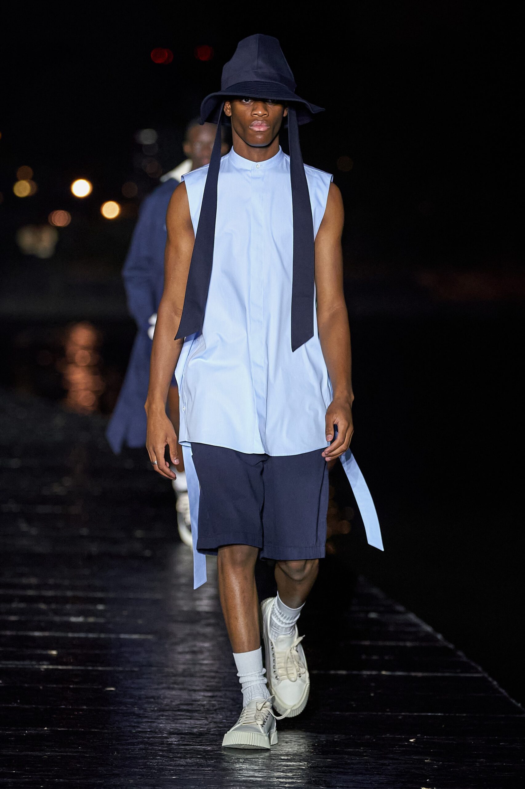 blue relaxed shirt with navy shorts