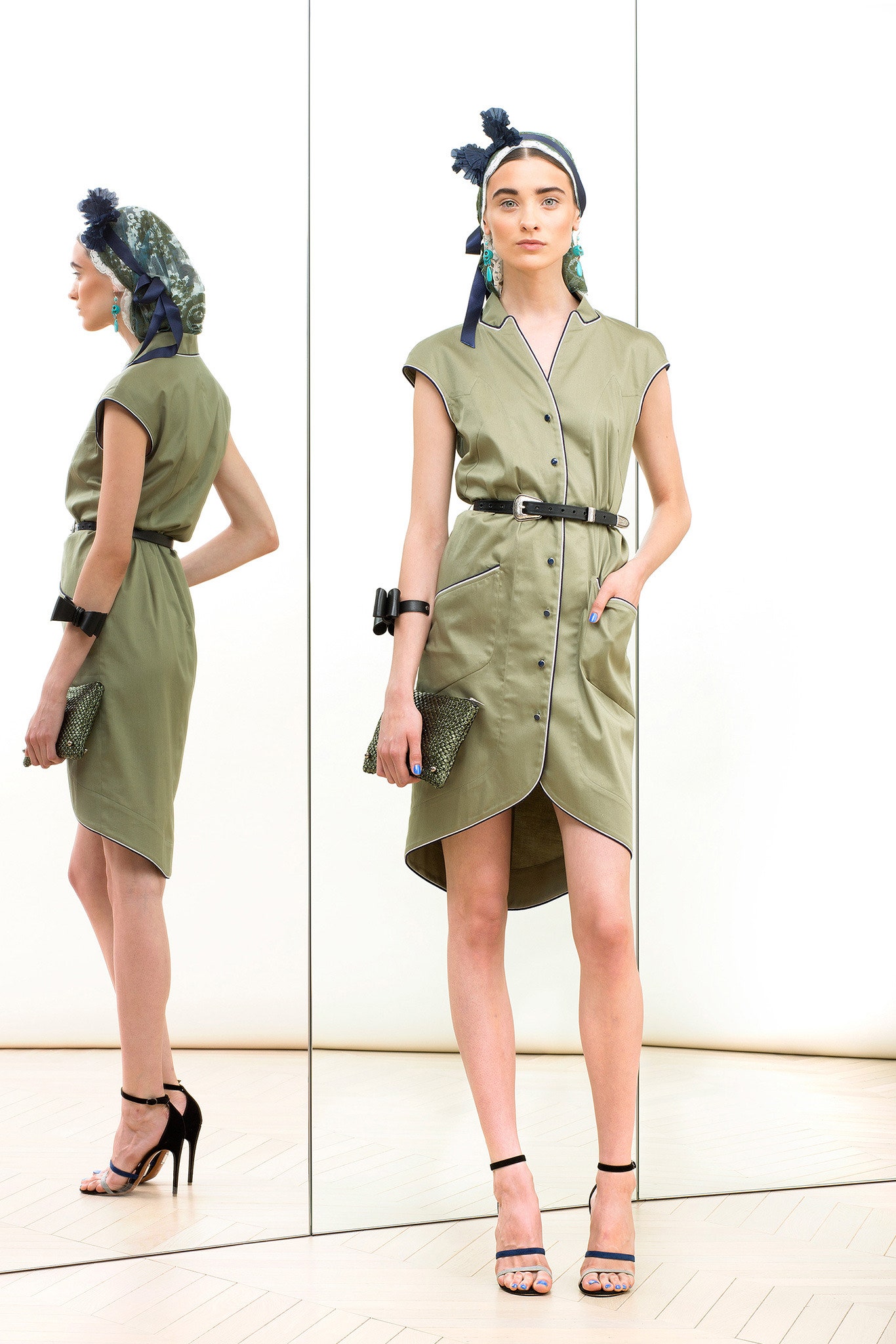 green silk short-sleeve collared fitted buttoned belted dress
