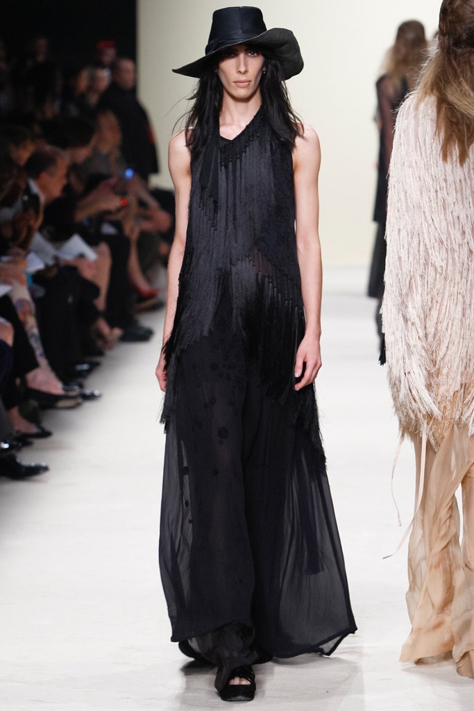 black fringed maxi dress with hat