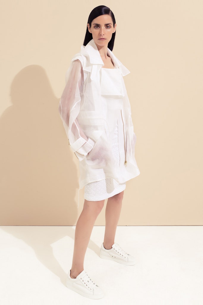 white oversized jacket and mini dress