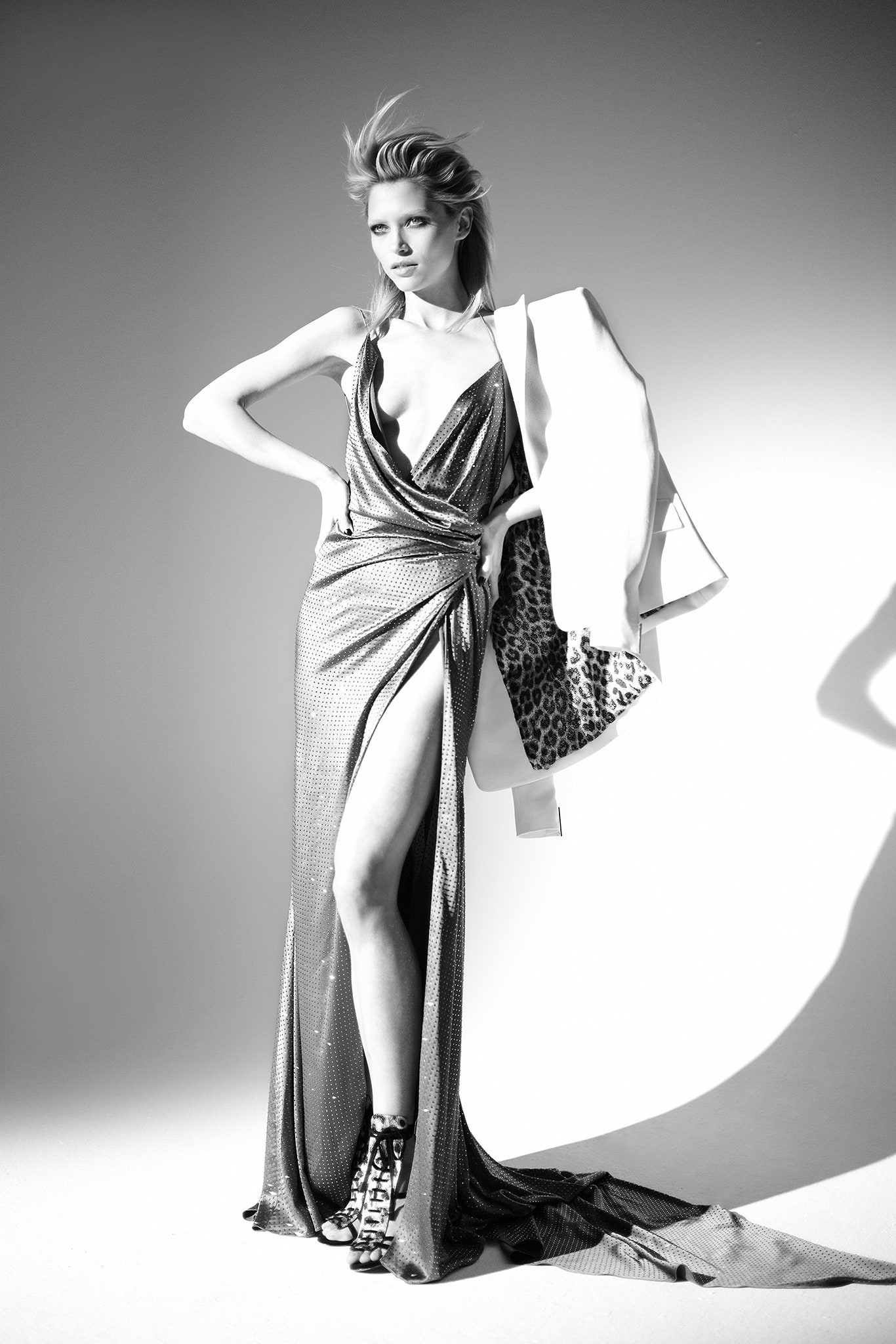 black silk sleeveless v-neck fitted draped shiny gown