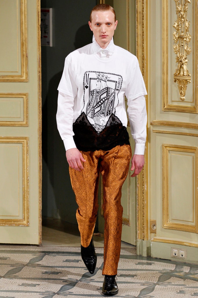 white fitted shirt with orange pants