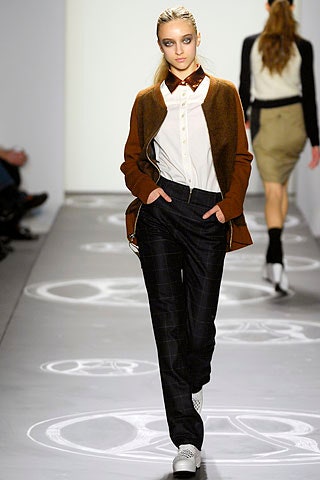 white blouse with brown cardigan and black pants