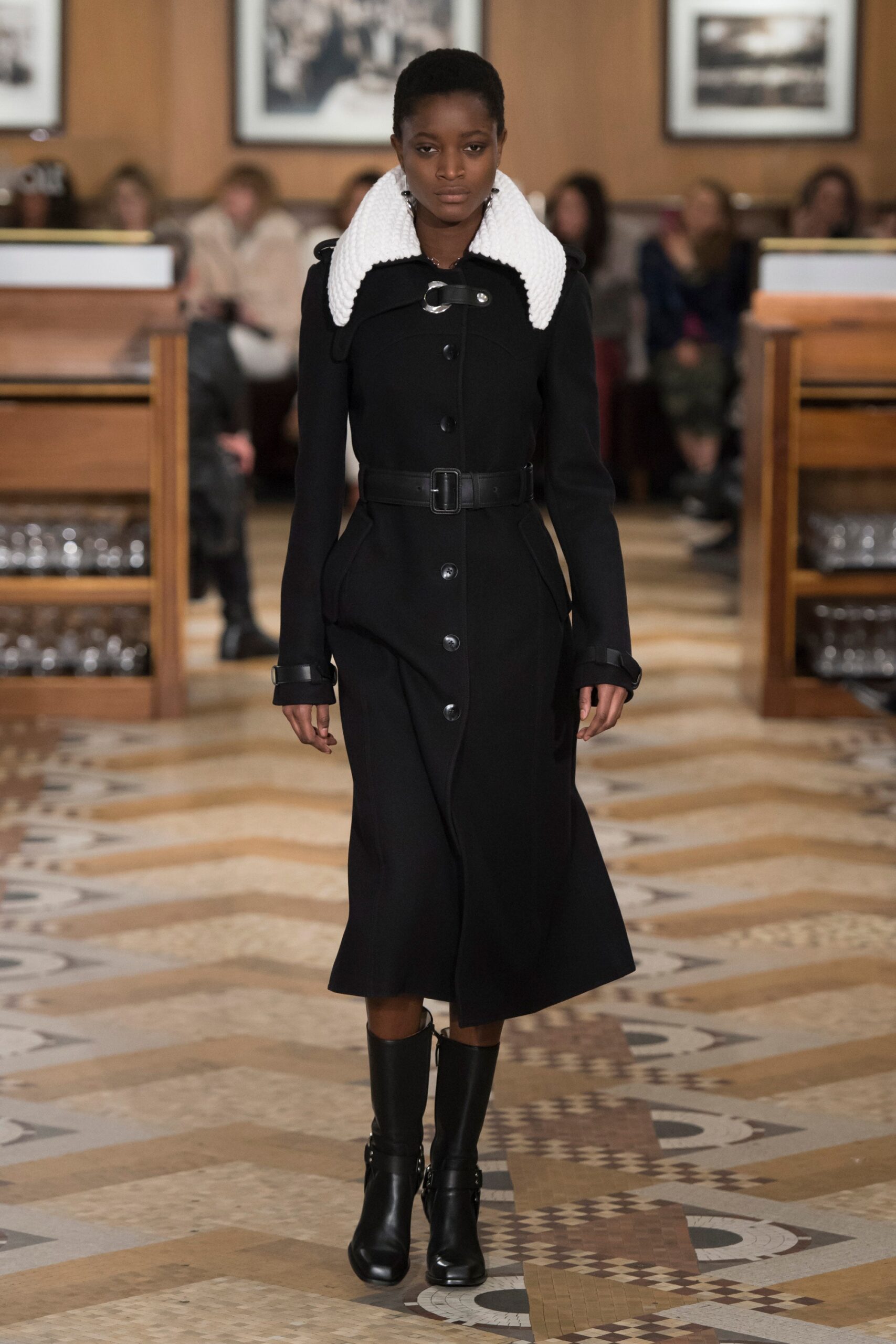 black wool long-sleeve collared fitted belted pockets coat
