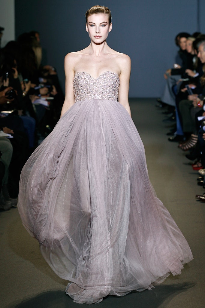 pink strapless tiered gown