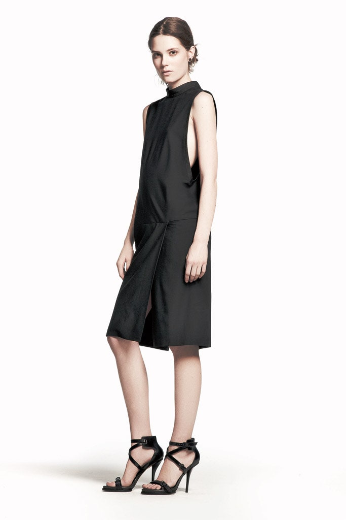 black silk sleeveless high-neck fitted midi dress