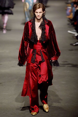 red silk coat and pants