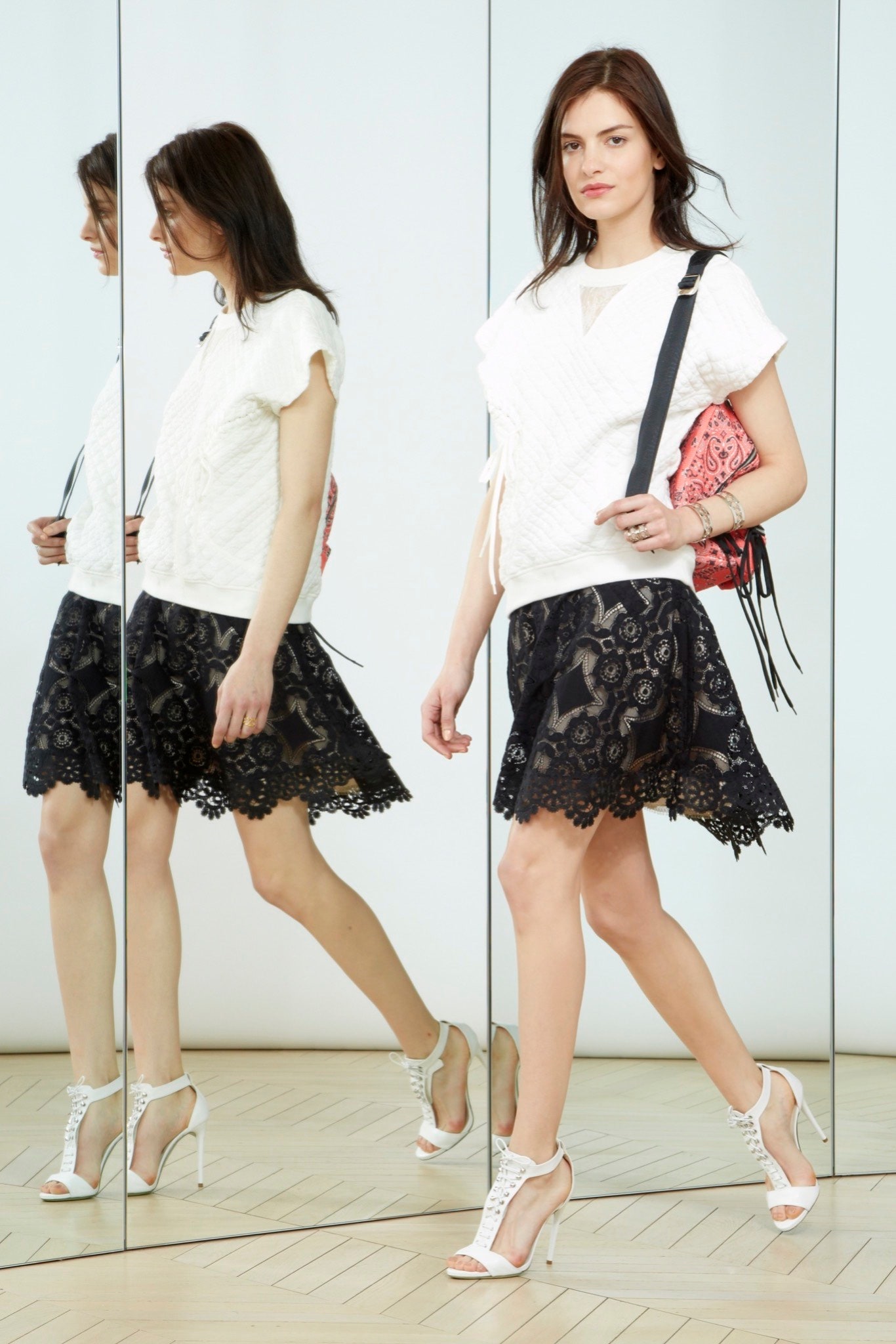 white cotton top black lace skirt