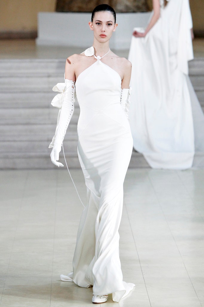 fitted white silk gown
