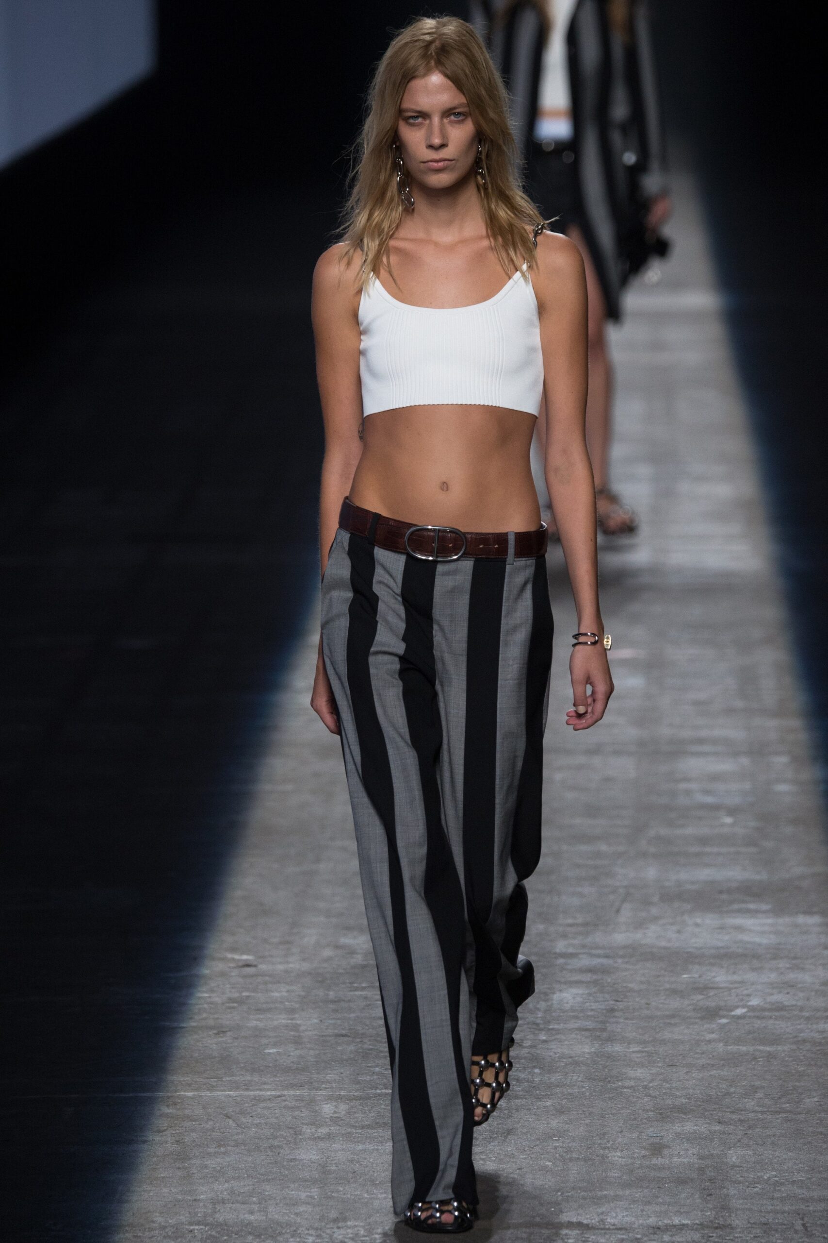 white ribbed crop-top with striped pants
