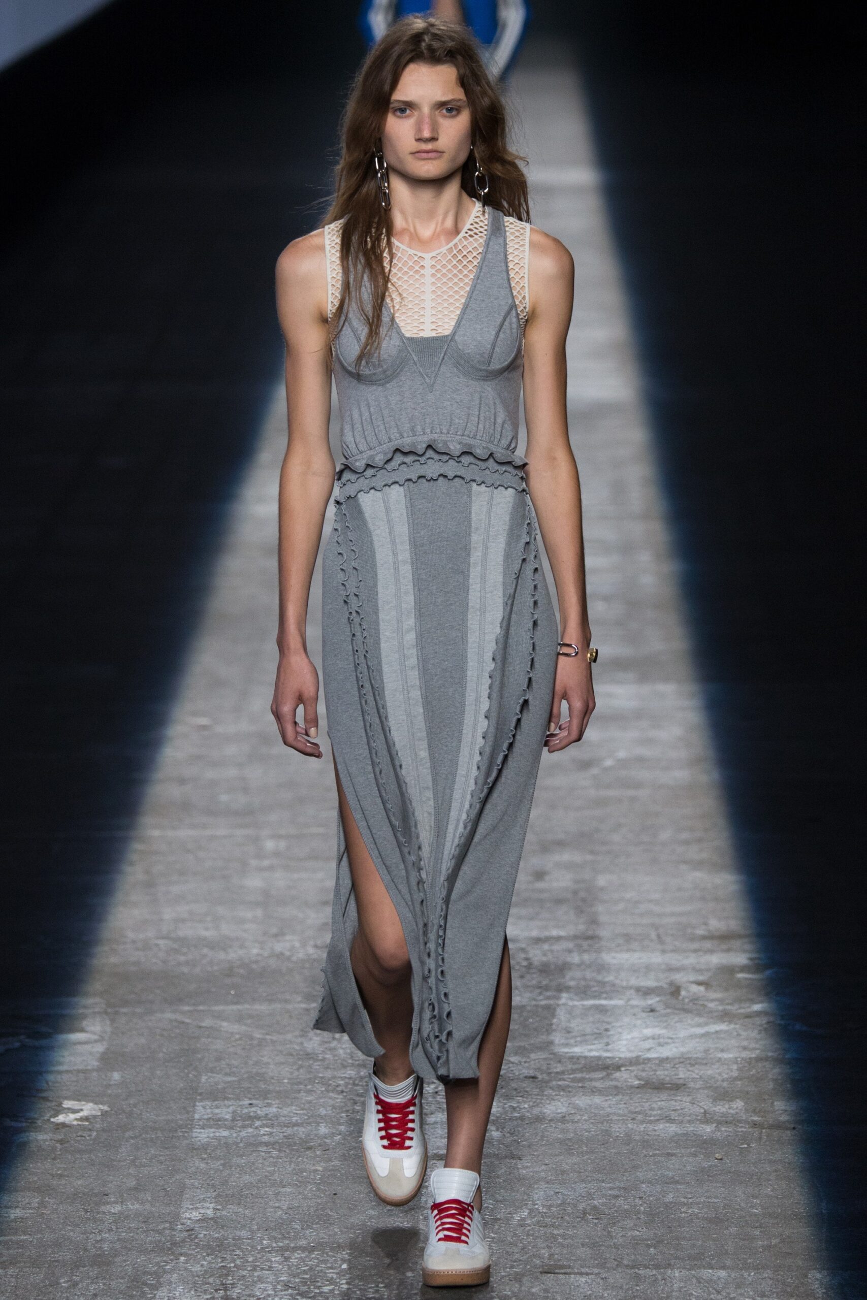 gray fitted midi dress with sneakers