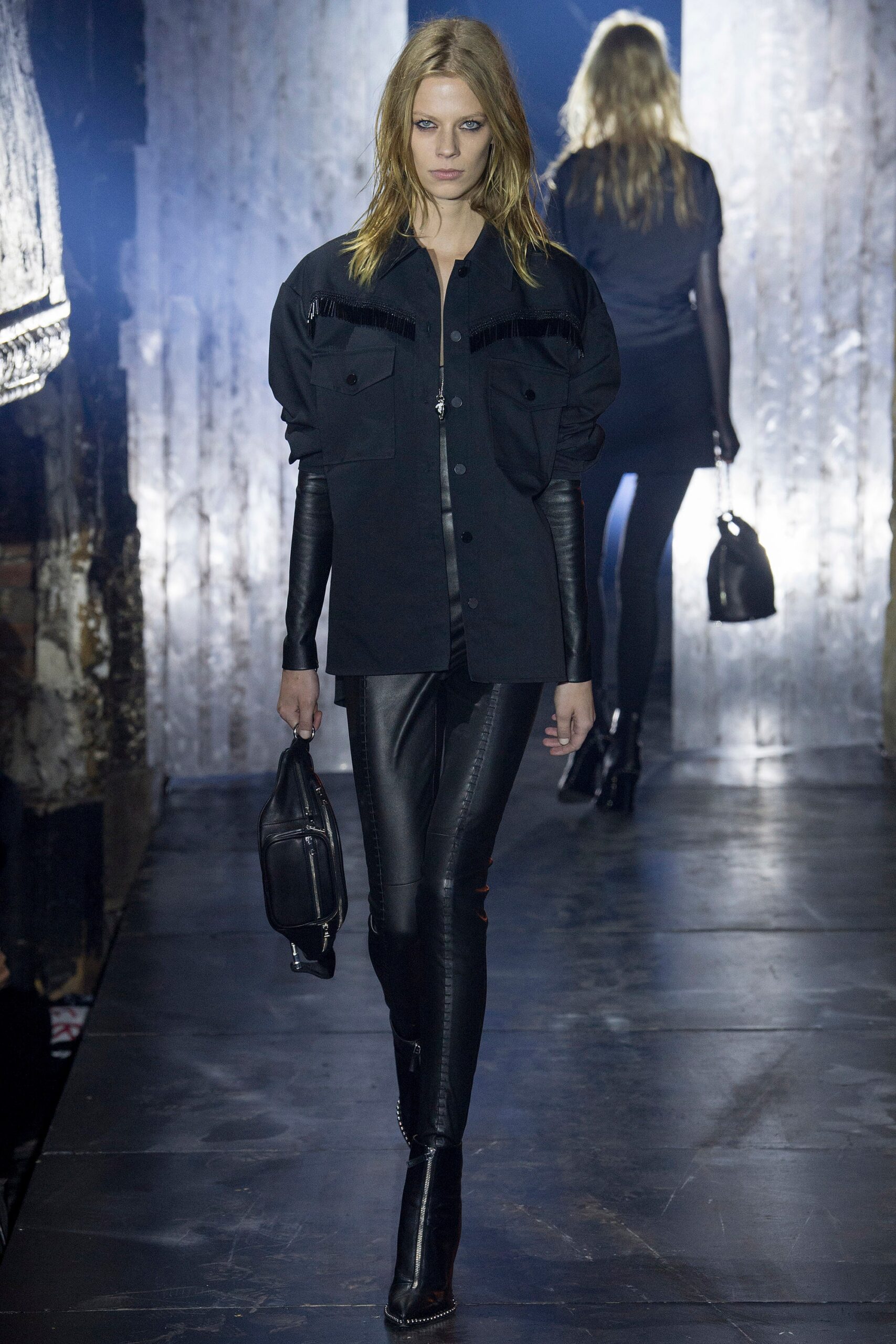 black leather fitted straight-leg shiny pants